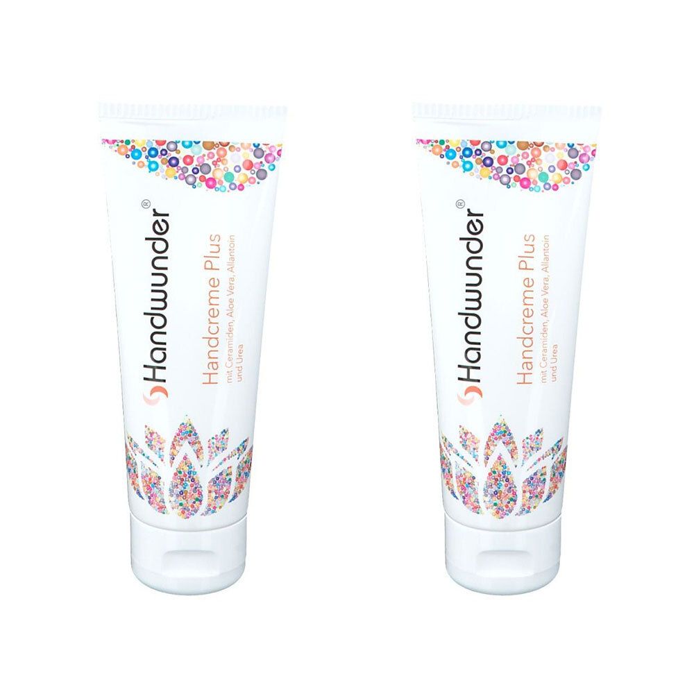 Deux tubes de crème pour les mains Plus. Tubes blancs avec motif coloré en haut et motif floral. Inscription Handwunder.