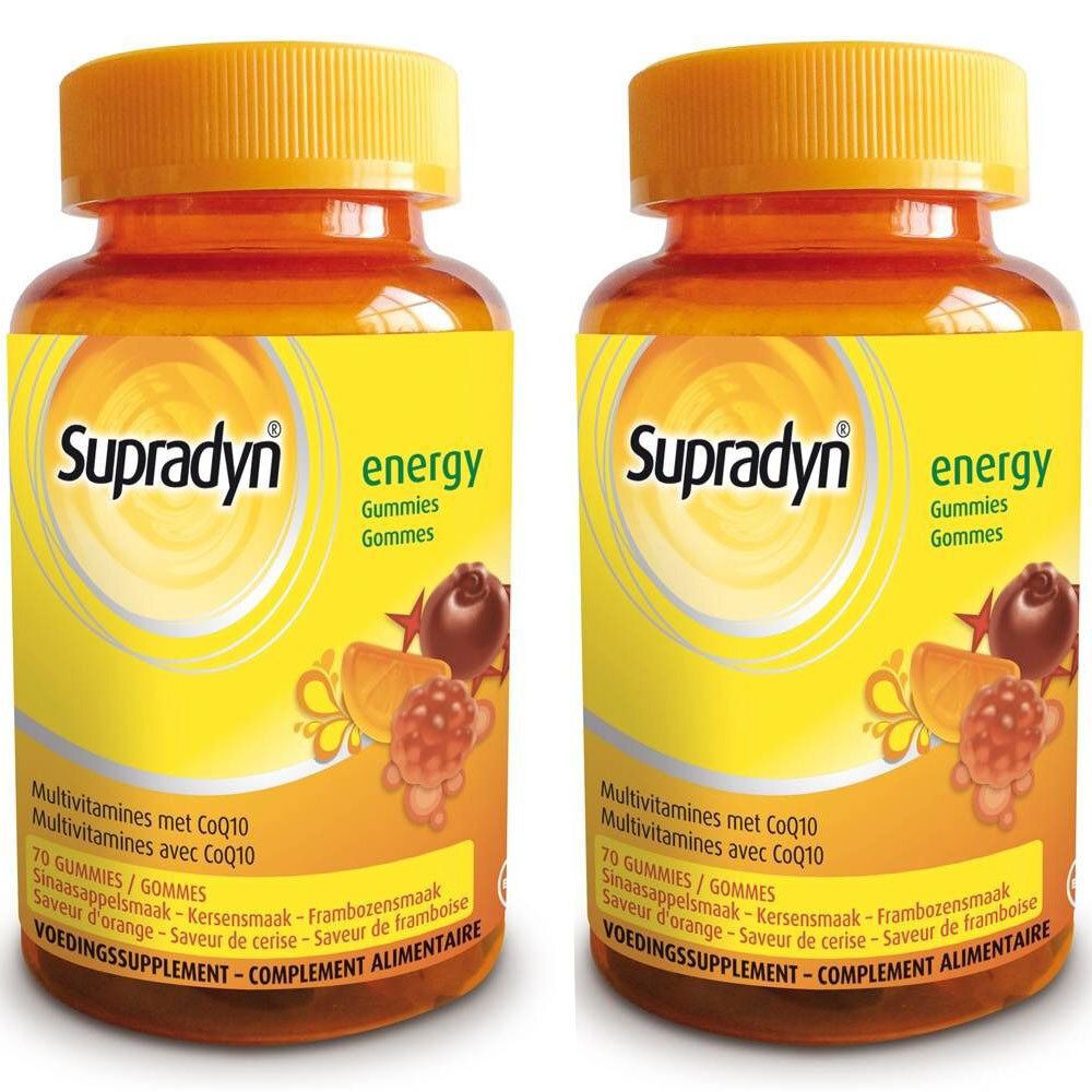 Twee flessen Supradyn® energy Gummies. Geel etiket met productnaam en fruitillustraties. Oranje dop.