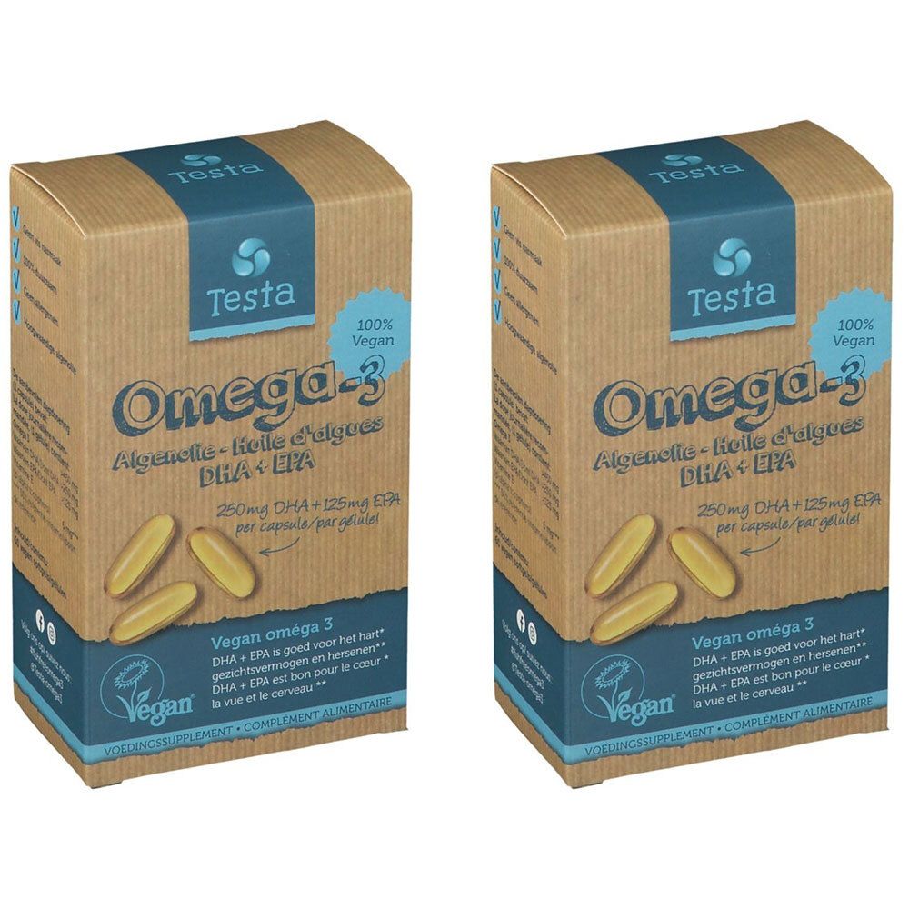 Deux boîtes de Testa Omega-3 Algenöl. Inscription : Omega-3, huile d'algues, DHA+EPA, 100% Vegan. Emballage marron avec accents bleus.