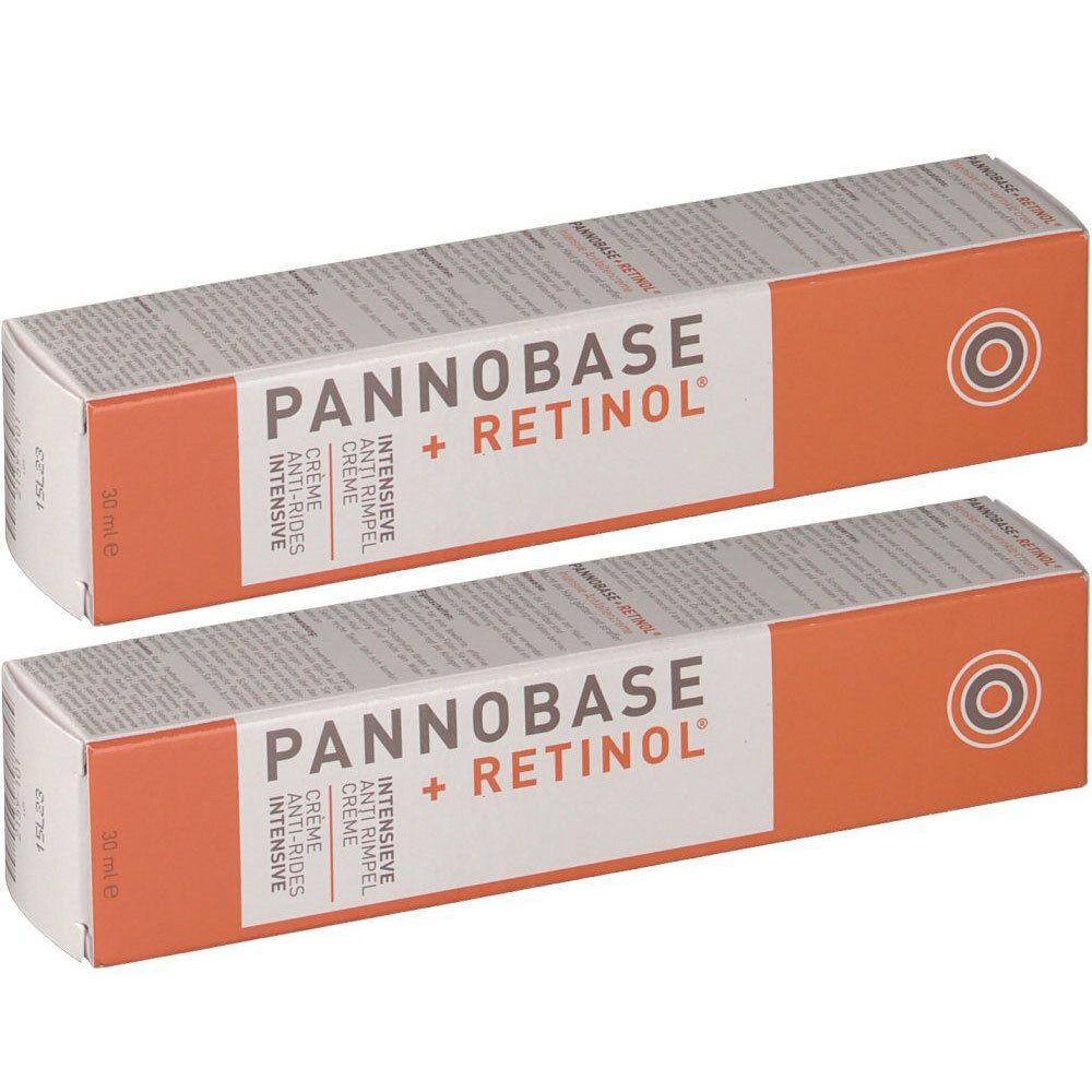 Deux boîtes de crème PANNOBASE + RETINOL. Inscription : Crème anti-rides intensive. Accent orange.