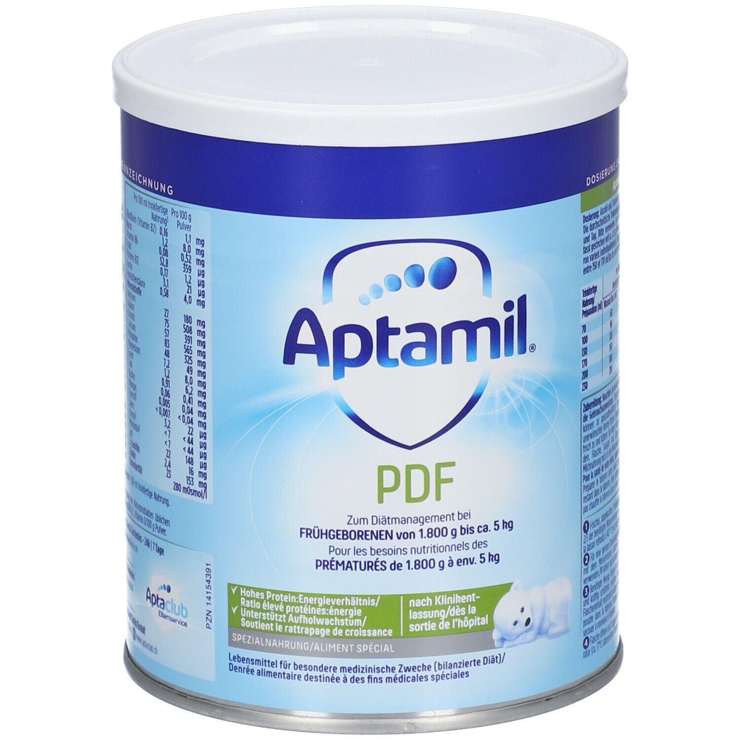 Aptamil PDF-blik. Blauw-wit ontwerp. Opschrift: Voor prematuren. Bevat voedingsinformatie en het Aptamil-logo.