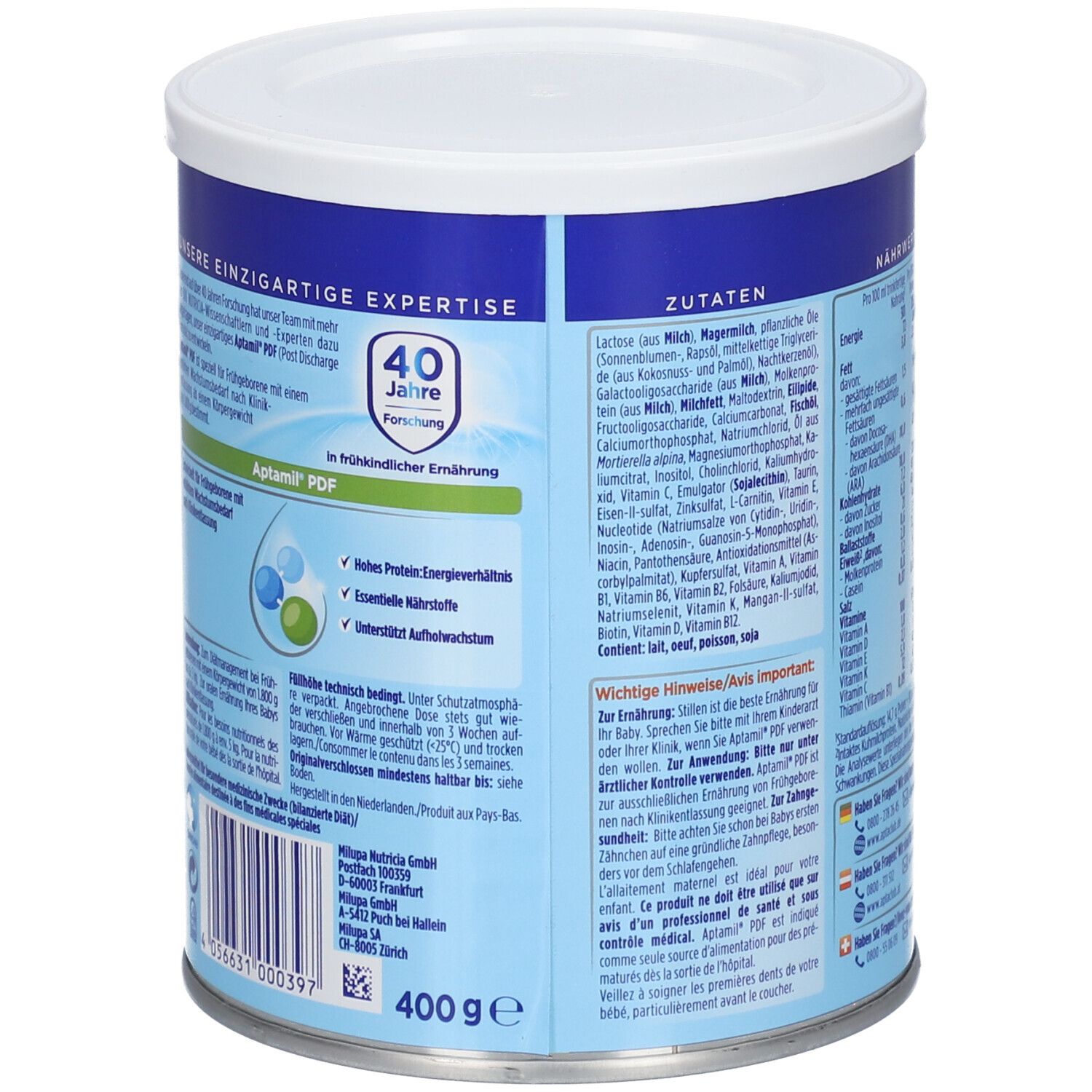 Aptamil PDF-blik, achterkant. Bevat ingrediënten, advies en het Aptamil-logo. 400g blik.