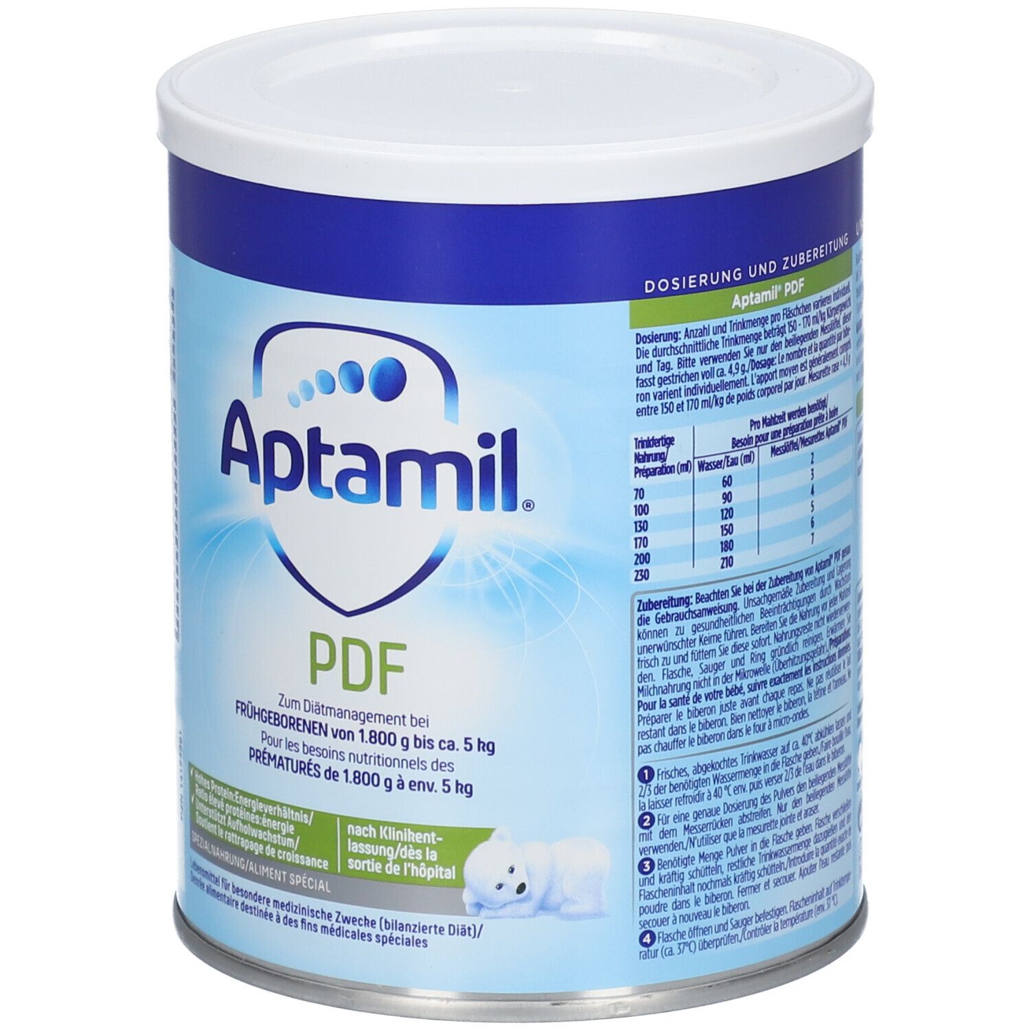 Aptamil PDF-blik. Blauw-wit ontwerp. Opschrift: Voor prematuren. Bevat voedingsinformatie en het Aptamil-logo.