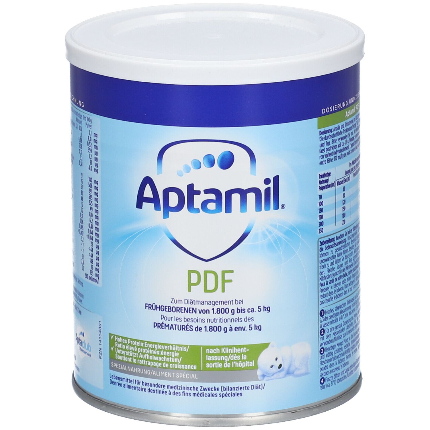 Aptamil PDF-blik. Blauw-wit ontwerp. Opschrift: Voor prematuren. Bevat voedingsinformatie en het Aptamil-logo.