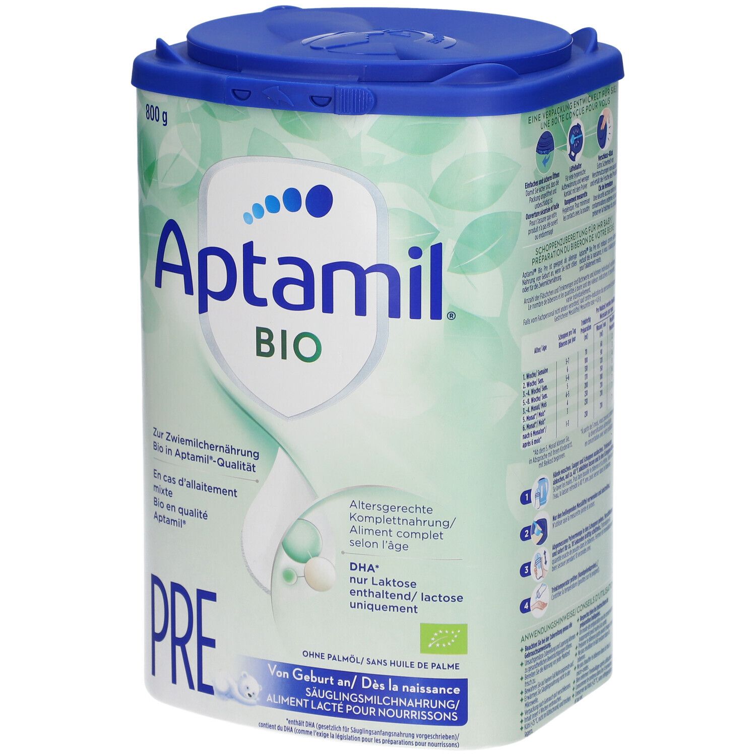 Boîte Aptamil Bio Pre. Couvercle bleu, texte vert et blanc. Contient DHA, sans huile de palme. 800g.