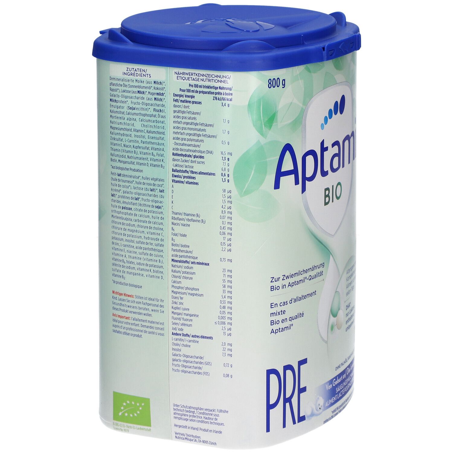 Boîte Aptamil Bio Pre, dos. Informations nutritionnelles, liste des ingrédients. Graphique de feuilles vertes. 800g. Label bio.