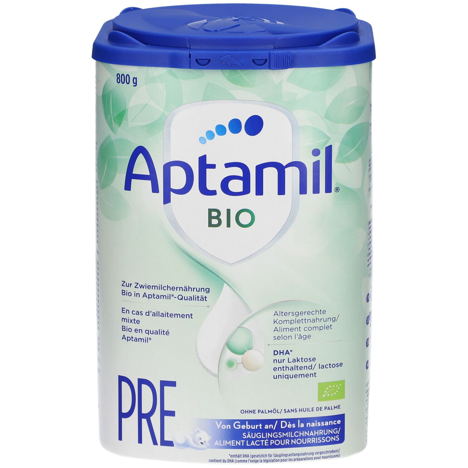 Boîte Aptamil Bio Pre. Couvercle bleu, texte vert et blanc. Contient DHA, sans huile de palme. 800g.