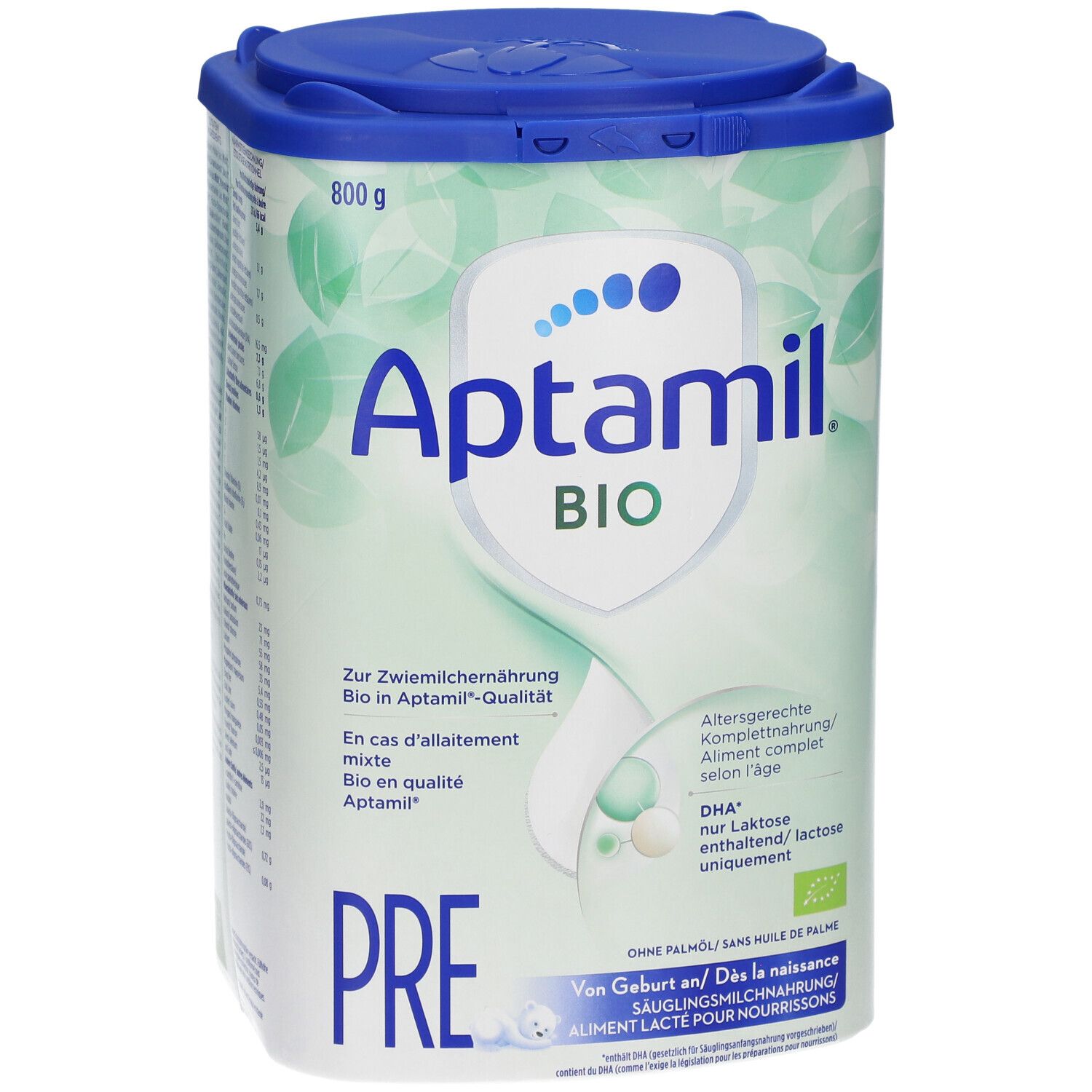 Boîte Aptamil Bio Pre. Couvercle bleu, texte vert et blanc. Contient DHA, sans huile de palme. 800g.