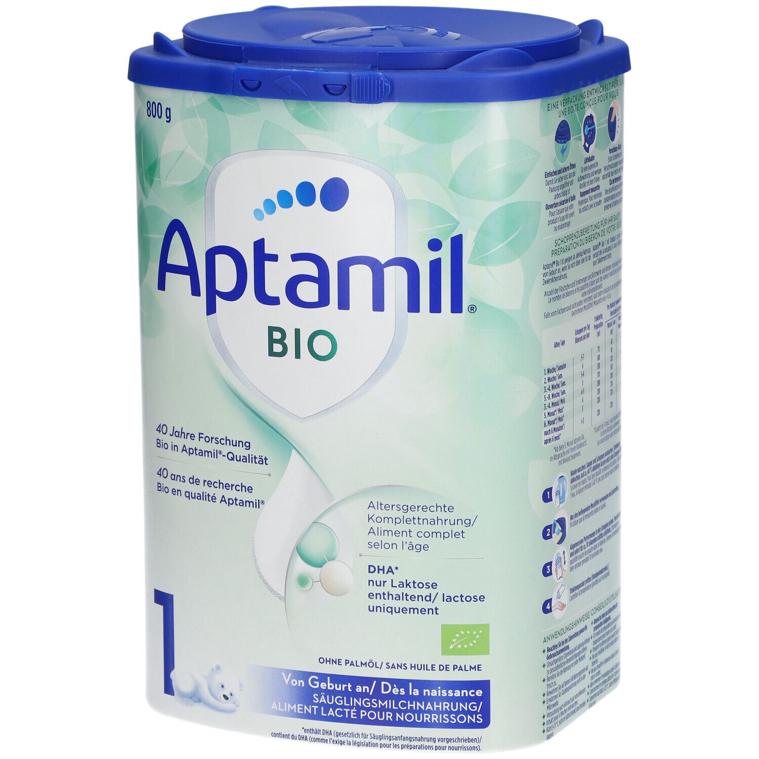 Aptamil Bio 1, lait infantile. Boîte avec couvercle bleu. Inscription : Aptamil BIO, 800g, 1. Certification bio.