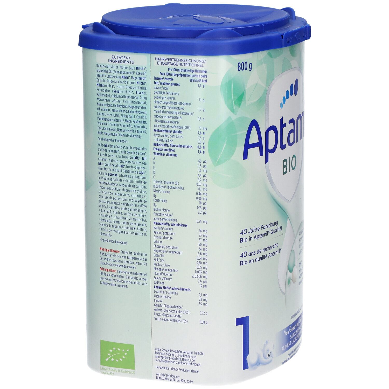 Aptamil Bio 1, lait infantile. Boîte avec couvercle bleu. Liste des ingrédients et informations nutritionnelles. Certification bio.