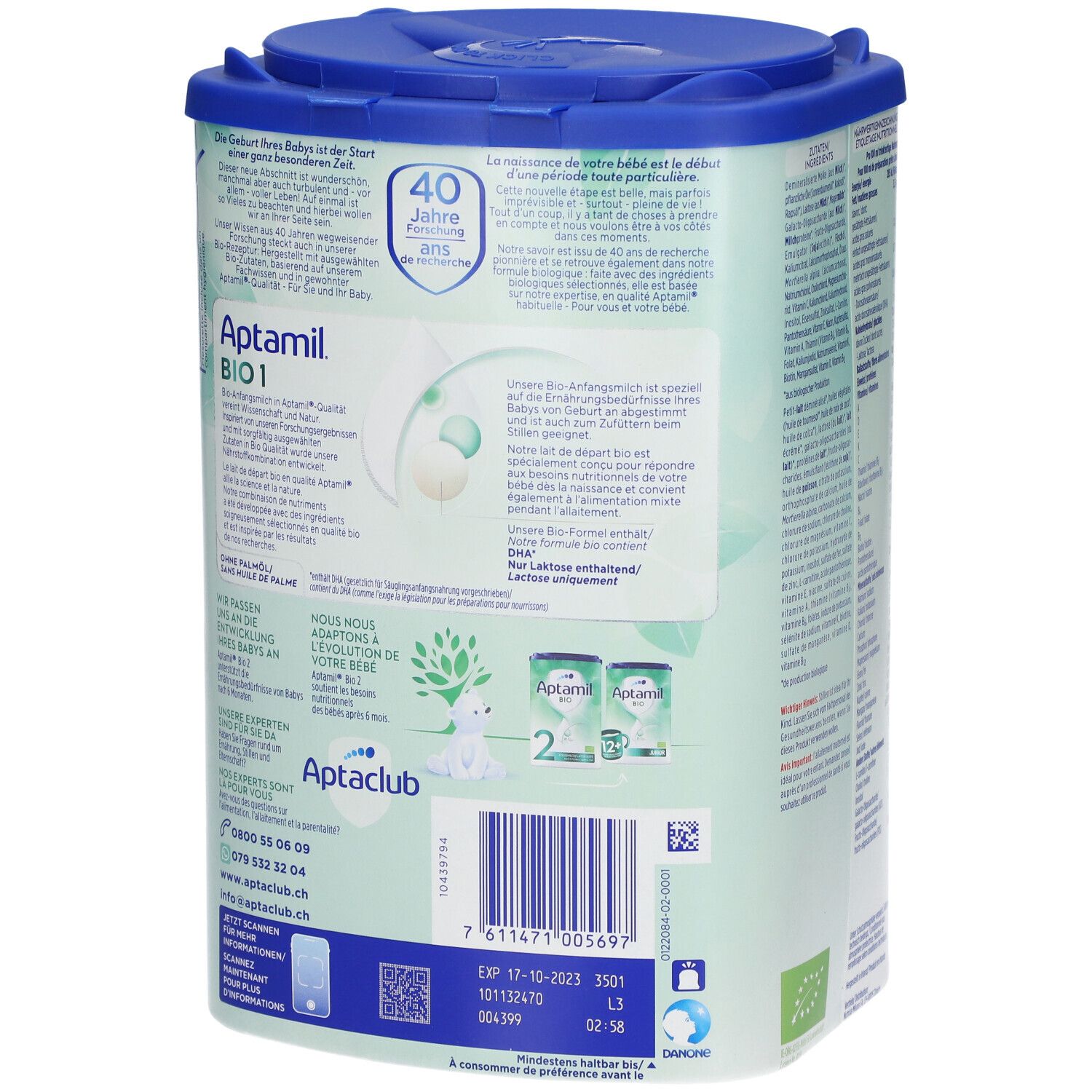 Aptamil Bio 1, lait infantile. Verso de la boîte avec couvercle bleu. Informations et certification bio.