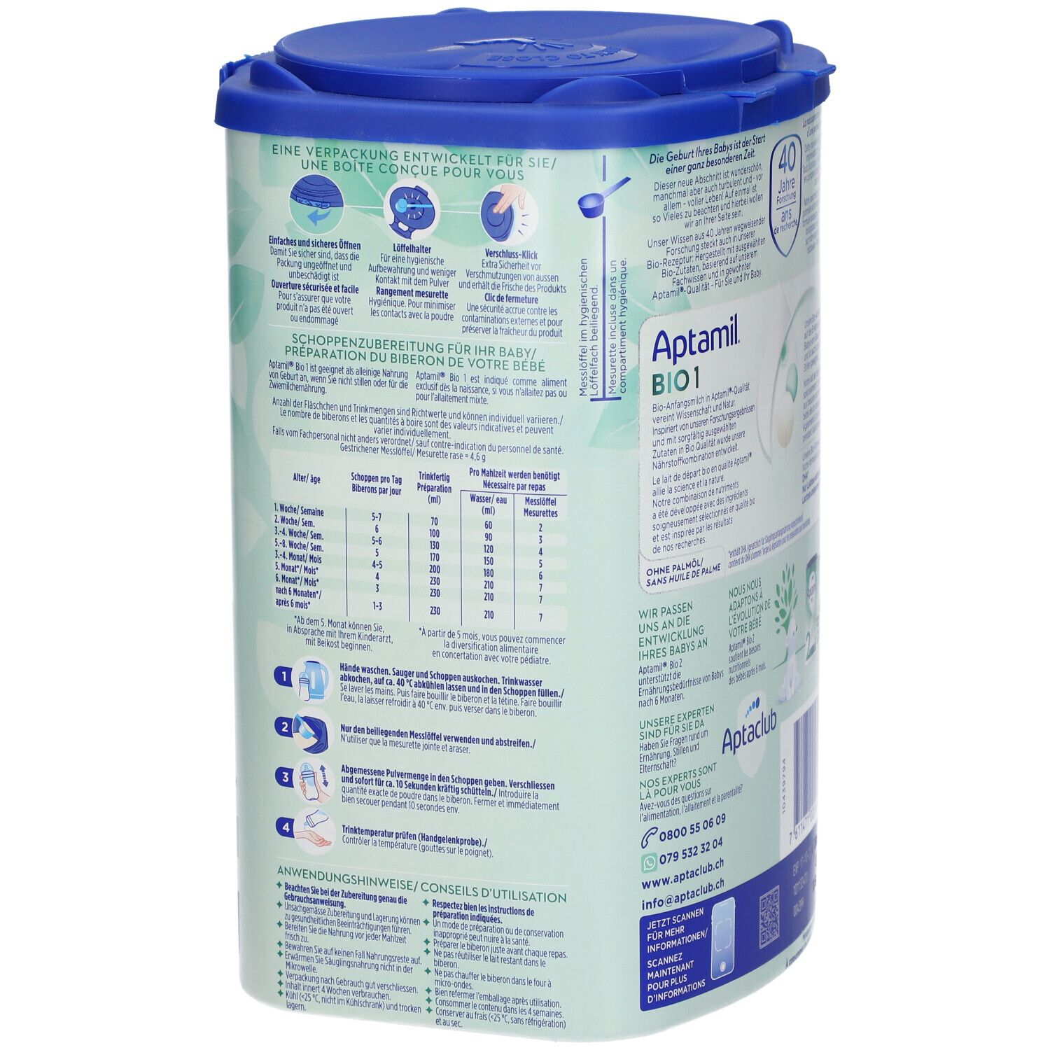 Aptamil Bio 1, lait infantile. Boîte avec couvercle bleu. Instructions de préparation et tableaux de dosage.