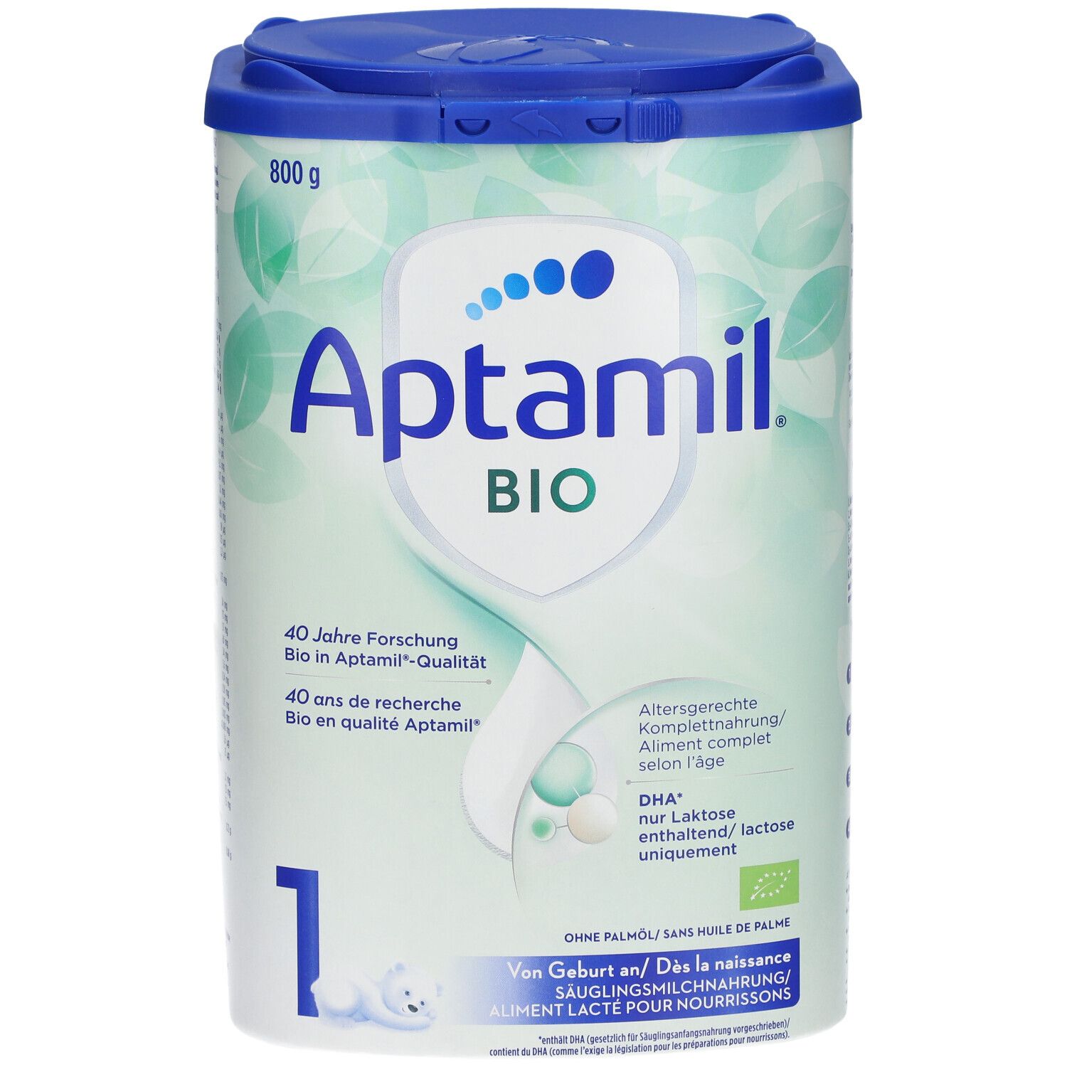 Aptamil Bio 1, lait infantile. Boîte avec couvercle bleu. Inscription : Aptamil BIO, 800g, 1. Certification bio.