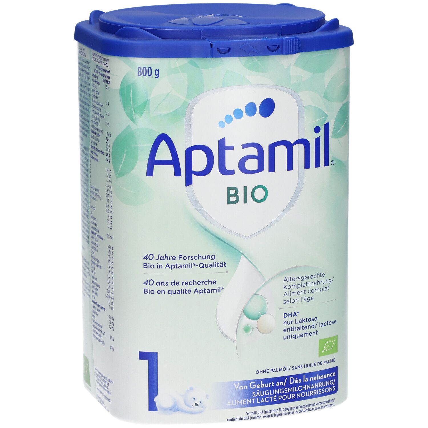 Aptamil Bio 1, lait infantile. Boîte avec couvercle bleu. Inscription : Aptamil BIO, 800g, 1. Certification bio.