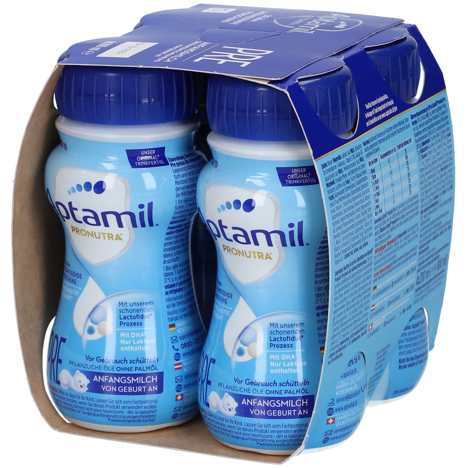 Emballage de deux bouteilles Aptamil Pre. Bouteilles bleues avec bouchons bleus. Inscriptions en allemand.