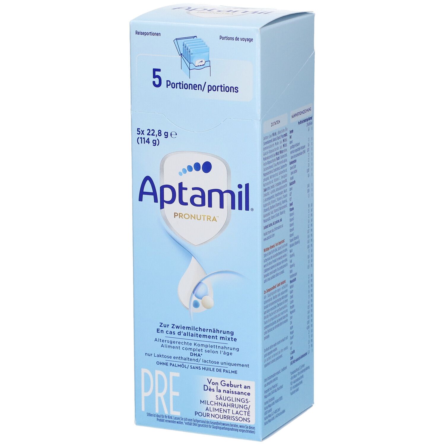 Lichtblauwe doos met Aptamil Pronutra Pre. Bevat 5 porties. Tekst: Voor gemengde voeding, zonder palmolie. Gedrukt: Pre, zuigelingenmelk.