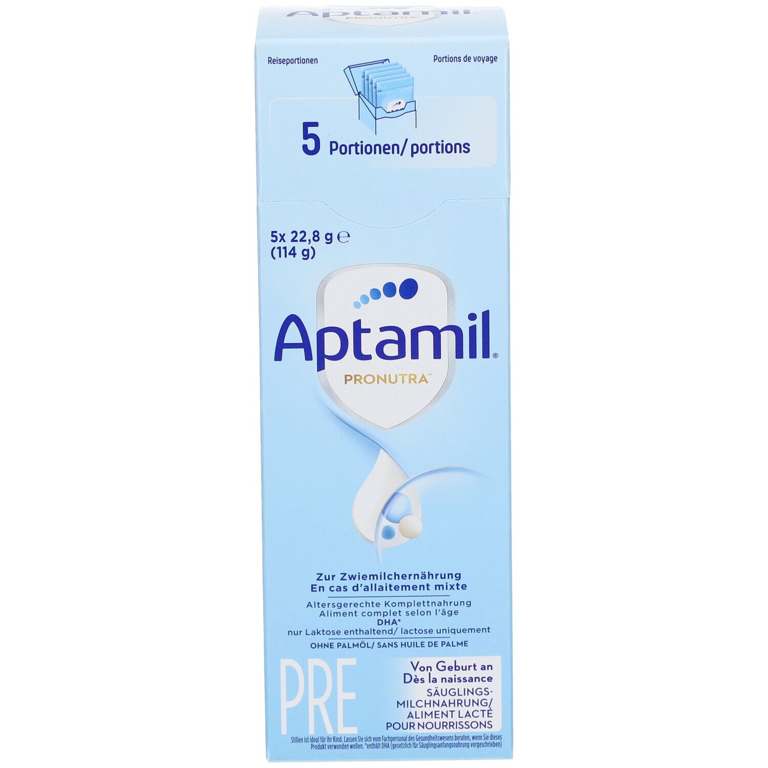 Lichtblauwe doos met Aptamil Pronutra Pre. Bevat 5 porties. Tekst: Voor gemengde voeding, zonder palmolie. Gedrukt: Pre, zuigelingenmelk.