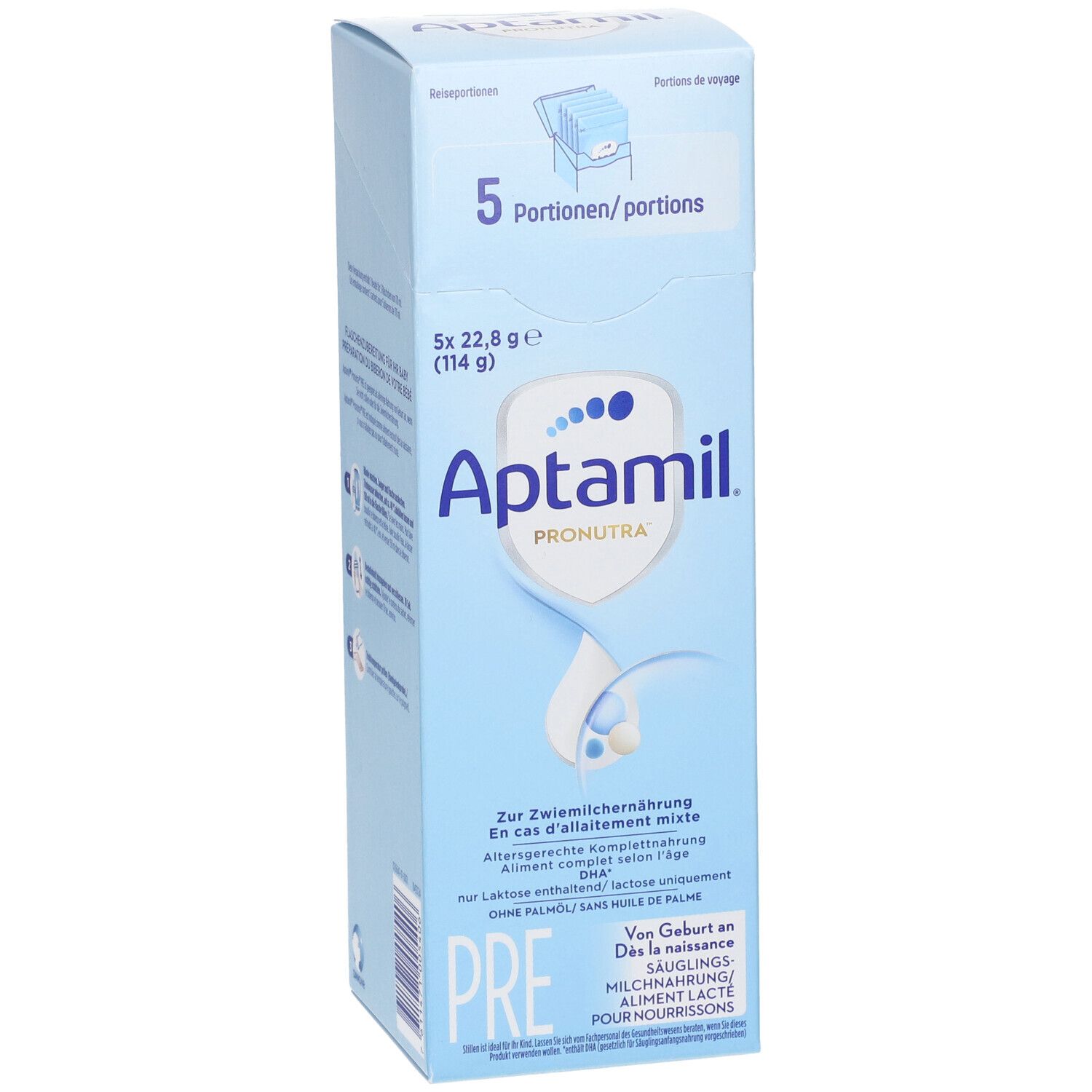 Lichtblauwe doos met Aptamil Pronutra Pre. Bevat 5 porties. Tekst: Voor gemengde voeding, zonder palmolie. Gedrukt: Pre, zuigelingenmelk.