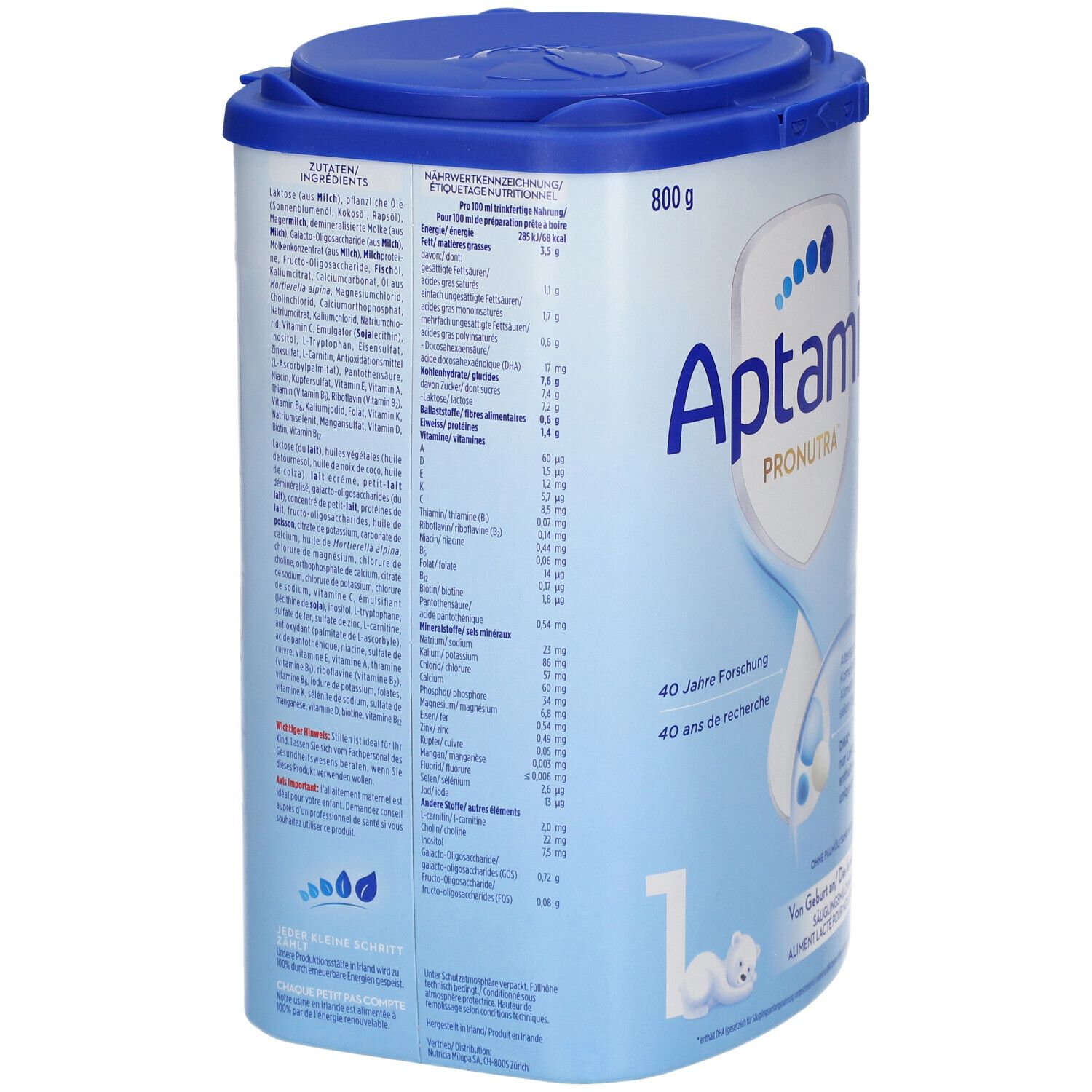 Dos de la boîte de lait en poudre Aptamil Pronutra 1. Contient des informations nutritionnelles. Boîte bleu et blanche avec couvercle. 800g.