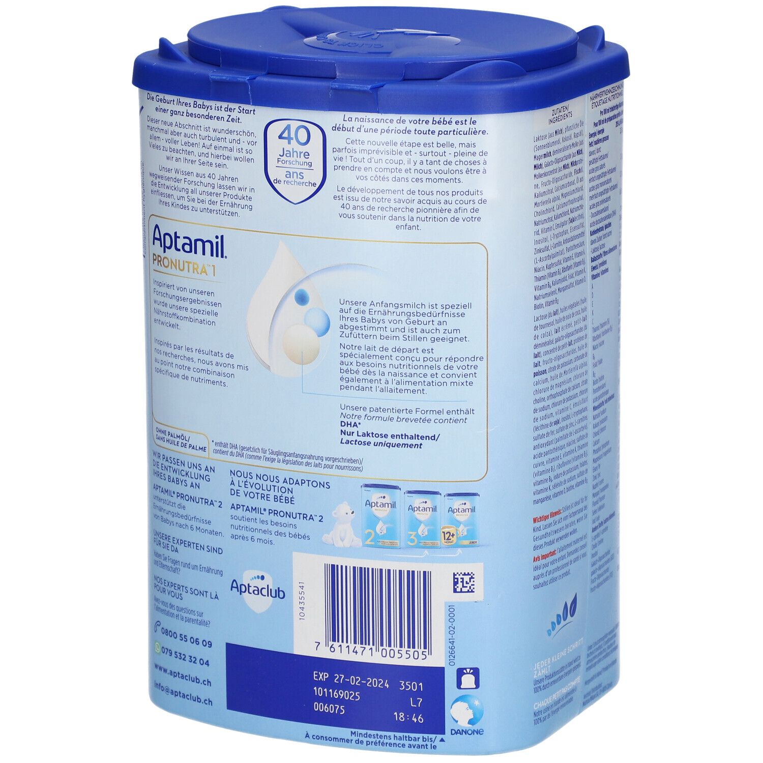 Dos de la boîte de lait en poudre Aptamil Pronutra 1. Contient des informations et des illustrations. Boîte bleu et blanche avec couvercle.