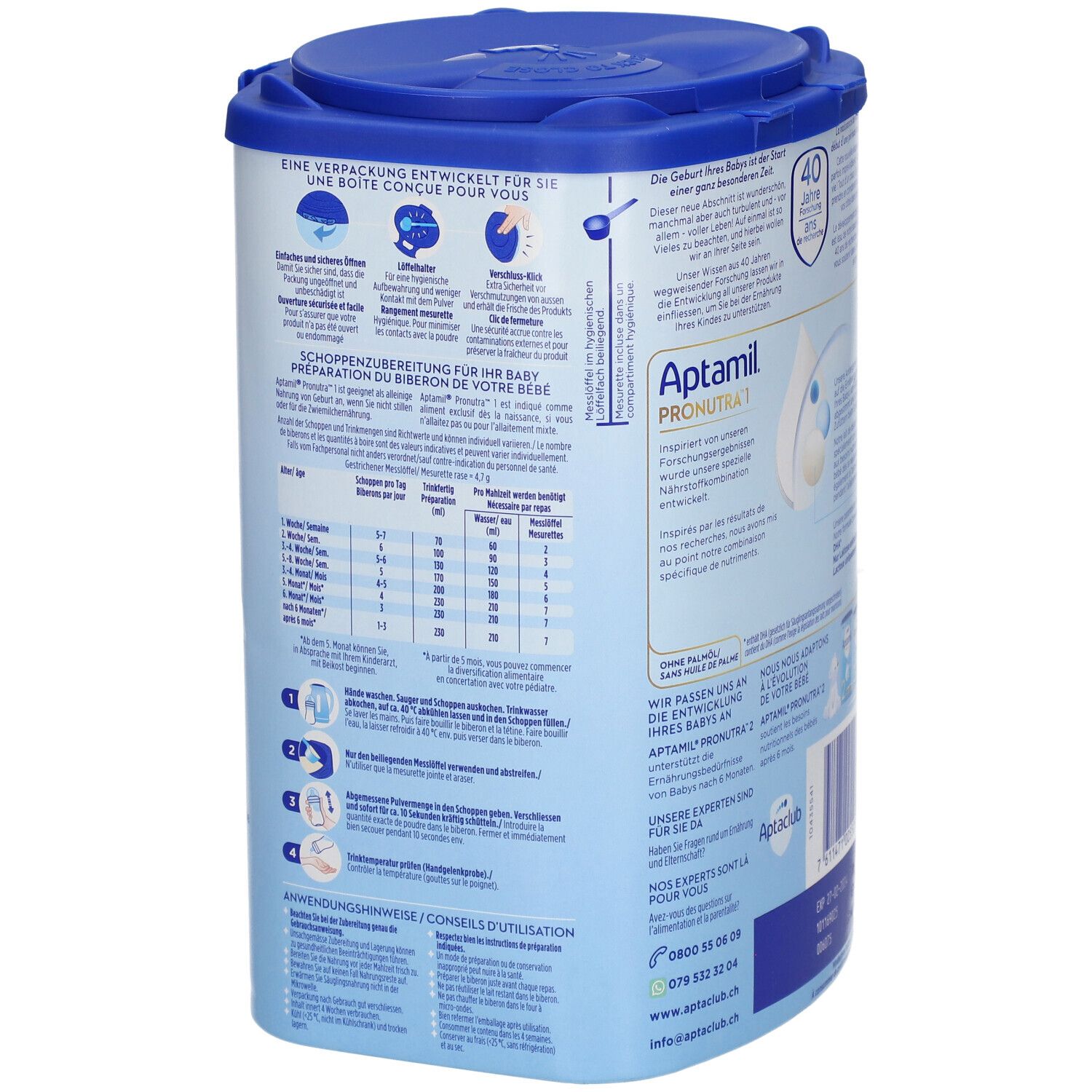 Dos de la boîte de lait en poudre Aptamil Pronutra 1. Contient des instructions de préparation. Boîte bleu et blanche avec couvercle.