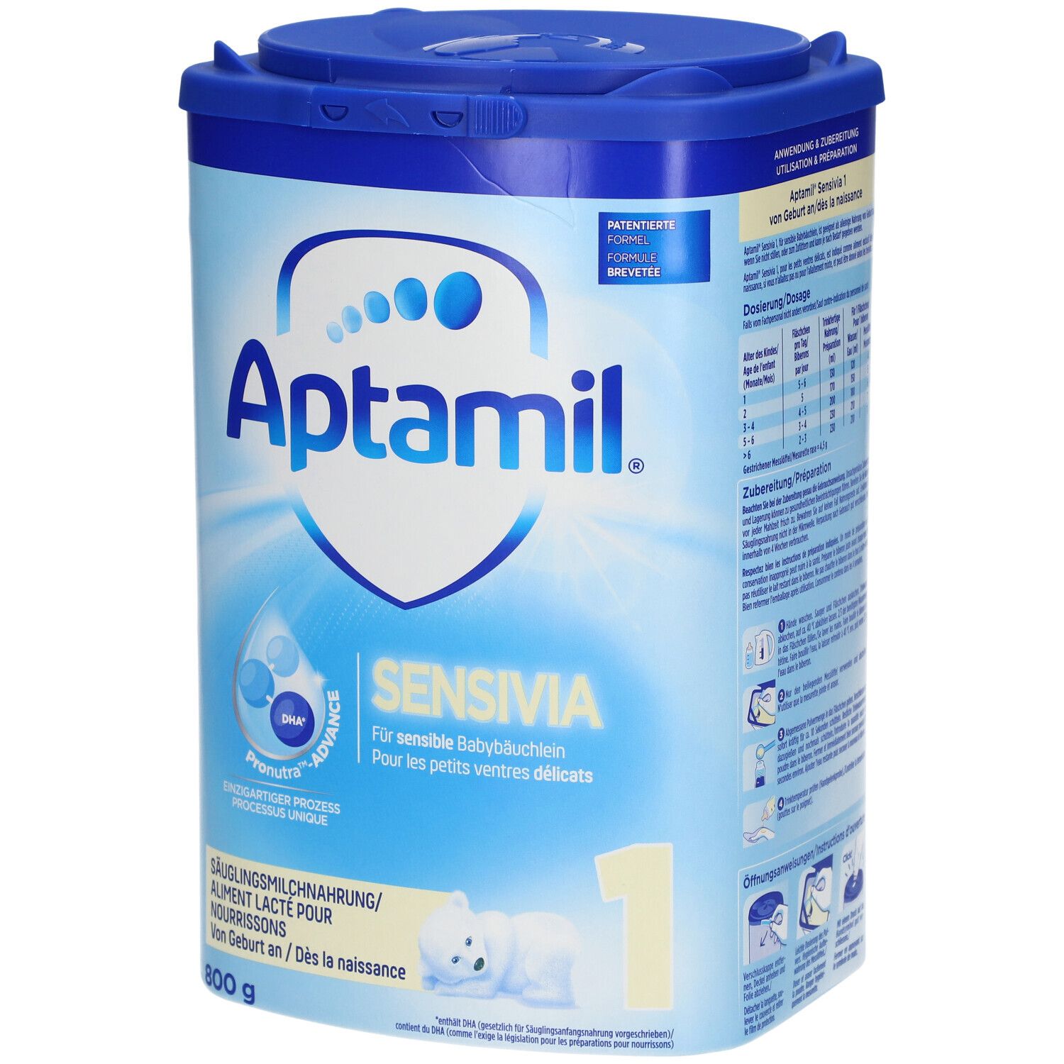 Aptamil Sensivia 1 zuigelingenmelk. Blauwe verpakking met deksel. Tekst: Voor gevoelige buikjes. 800g.