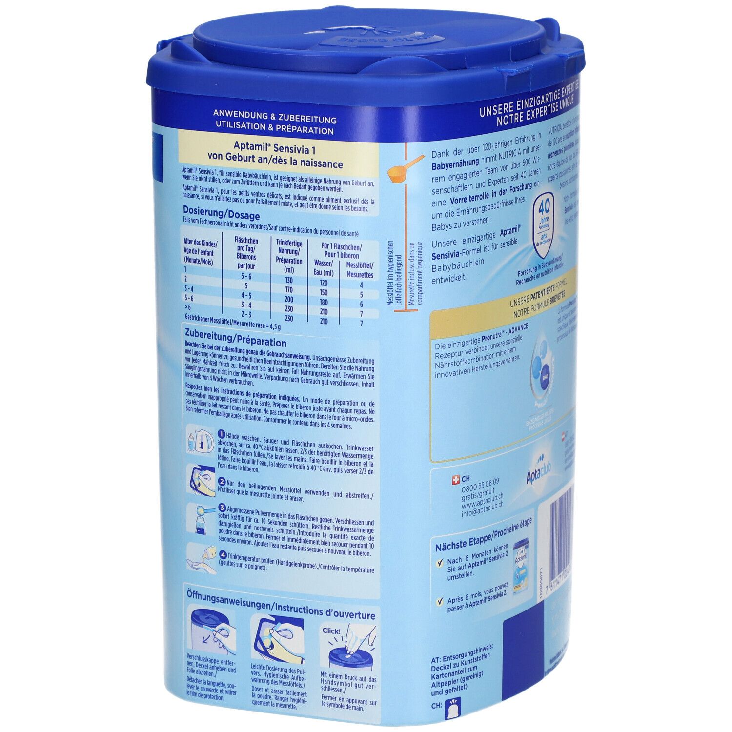 Achterkant van de Aptamil Sensivia 1 verpakking. Gebruik en bereiding. Blauwe verpakking met deksel. 800g.