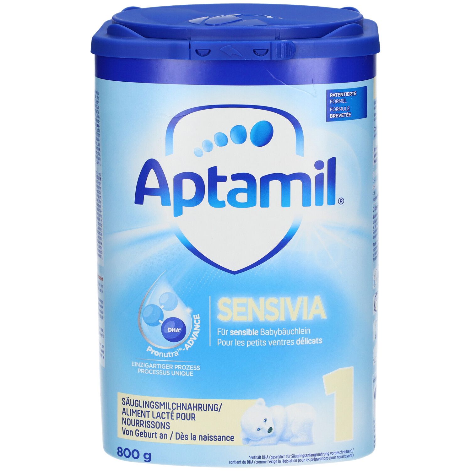 Aptamil Sensivia 1 zuigelingenmelk. Blauwe verpakking met deksel. Tekst: Voor gevoelige buikjes. 800g.