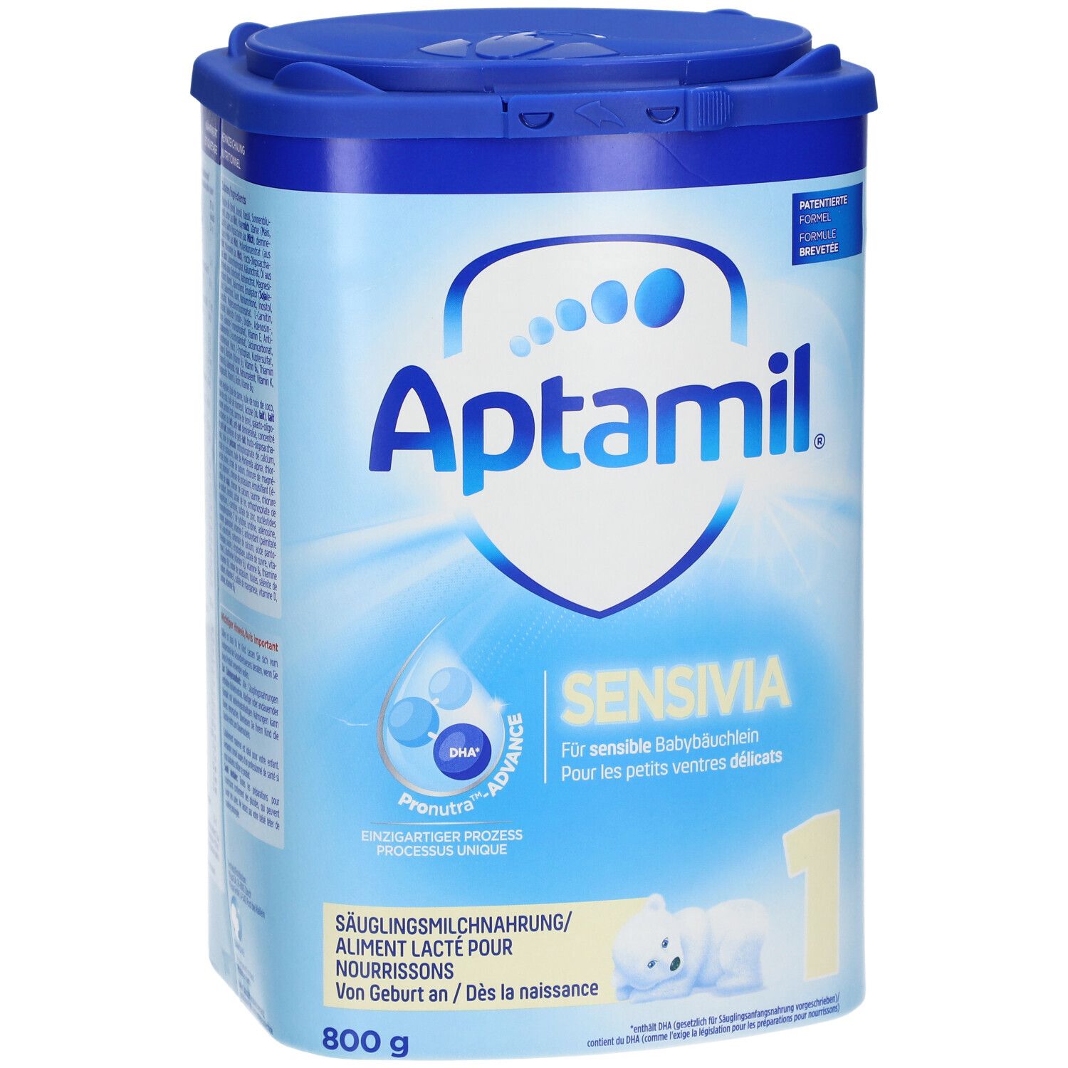 Aptamil Sensivia 1 zuigelingenmelk. Blauwe verpakking met deksel. Tekst: Voor gevoelige buikjes. 800g.