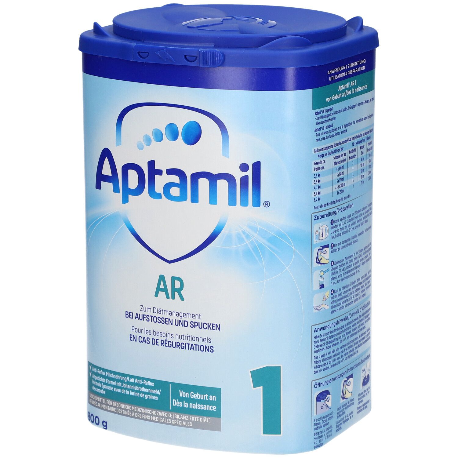 Aptamil AR 1-verpakking. Blauw, met deksel. Opschrift: Aptamil, AR, 1. Voor baby's. 800g. Informatie op de verpakking.
