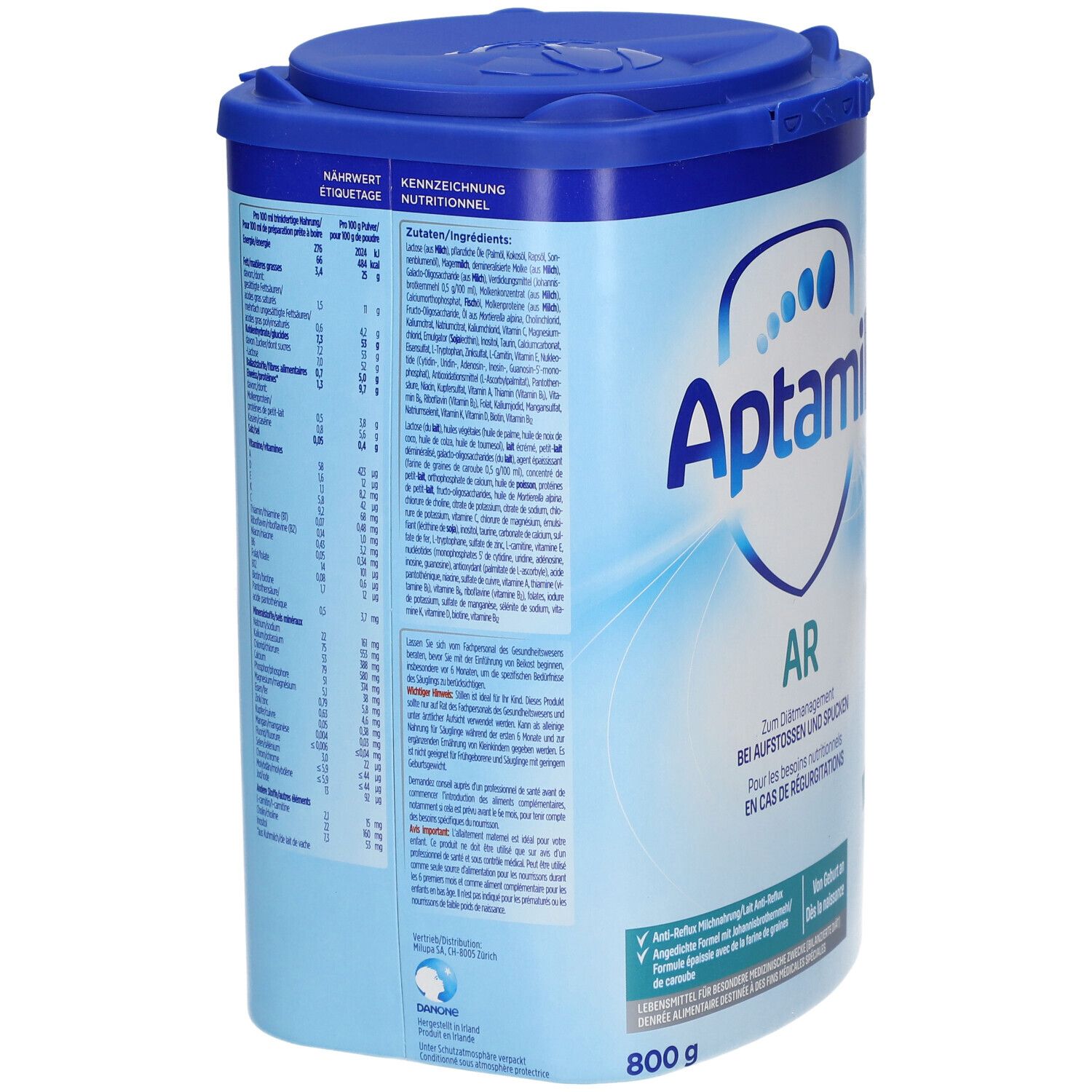 Aptamil AR 1-verpakking, blauw. Opschrift: Aptamil, AR. Voedingswaardetabel. 800g. Informatie op de verpakking.