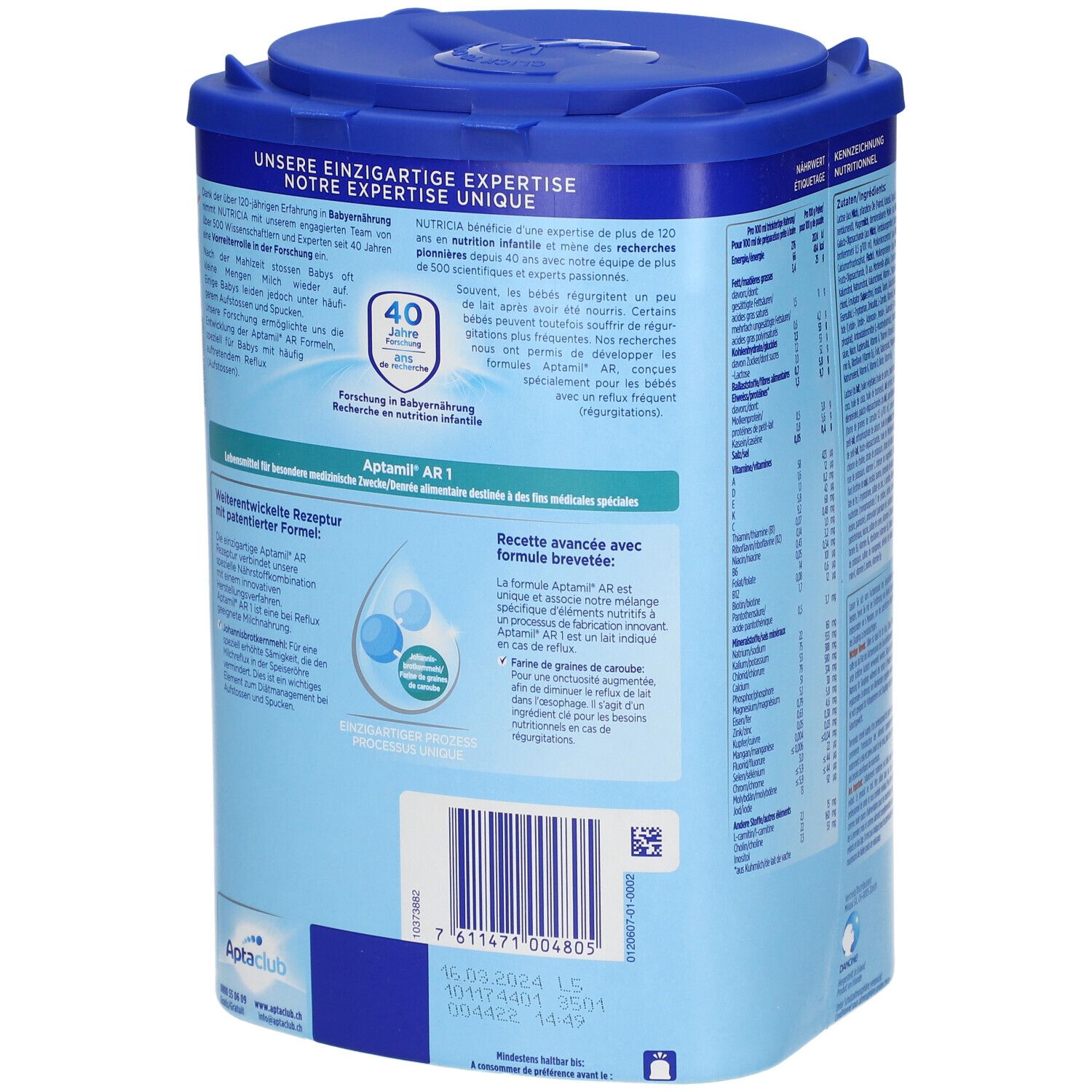 Aptamil AR 1-verpakking, blauw. Achterkant met tekst. 800g. Informatie over onderzoek en receptuur.