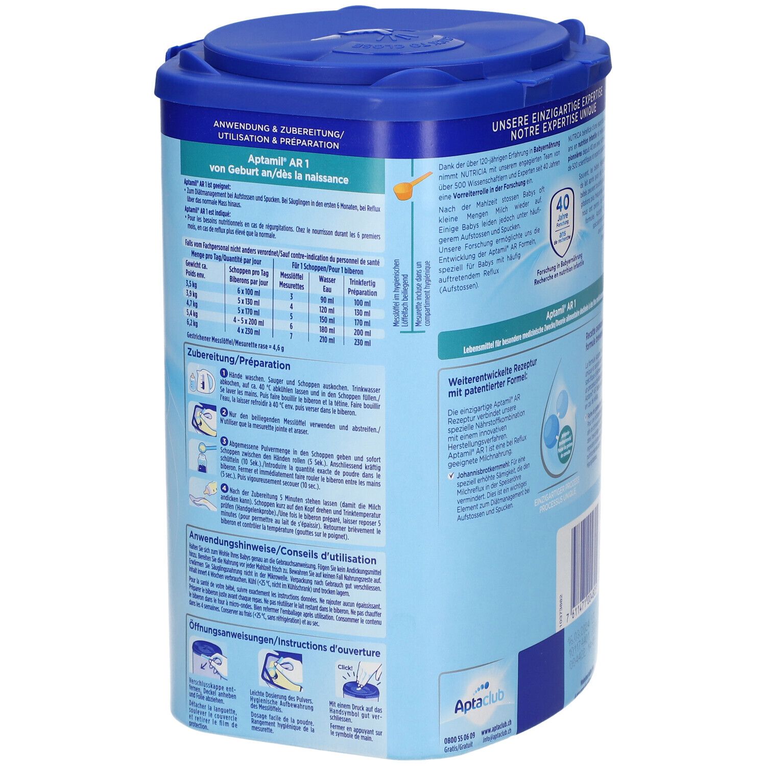 Aptamil AR 1-verpakking, blauw. Gebruik en bereiding. 800g. Doseeraanbevelingen en instructies.
