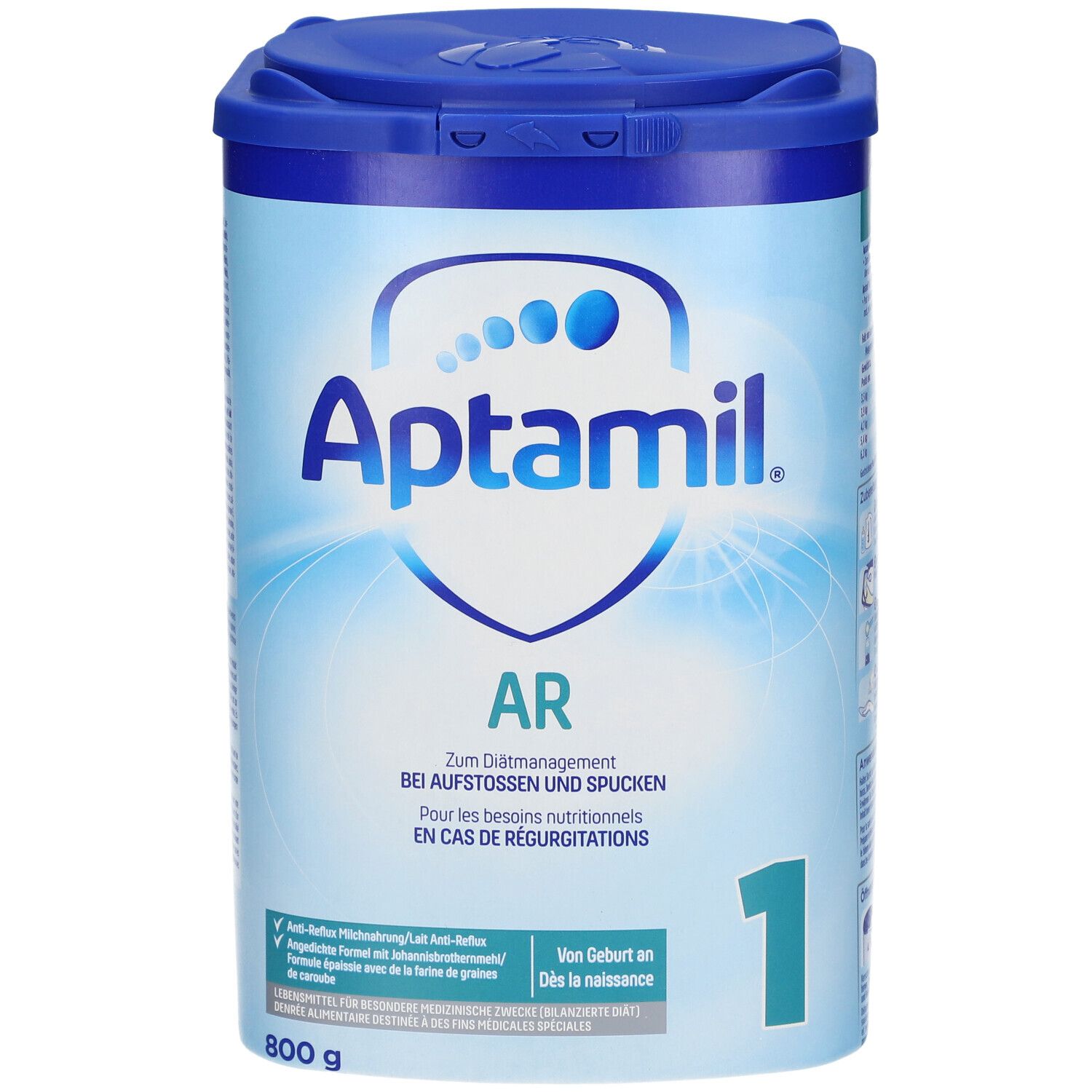 Aptamil AR 1-verpakking. Blauw, met deksel. Opschrift: Aptamil, AR, 1. Voor baby's. 800g. Informatie op de verpakking.