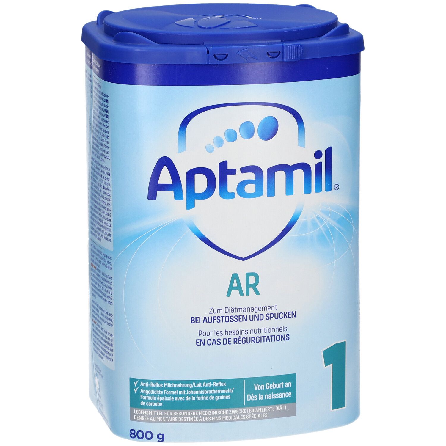 Aptamil AR 1-verpakking. Blauw, met deksel. Opschrift: Aptamil, AR, 1. Voor baby's. 800g. Informatie op de verpakking.
