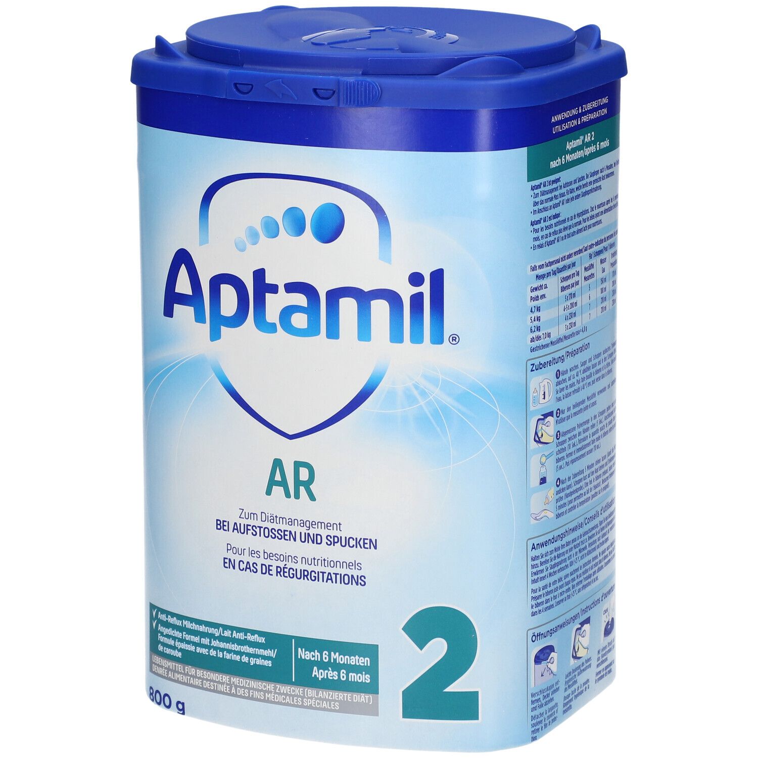 Aptamil AR 2-verpakking. Blauw en wit. Opschrift: Aptamil, AR, 2. Voor dieetbeheer bij regurgitatie. 800g.
