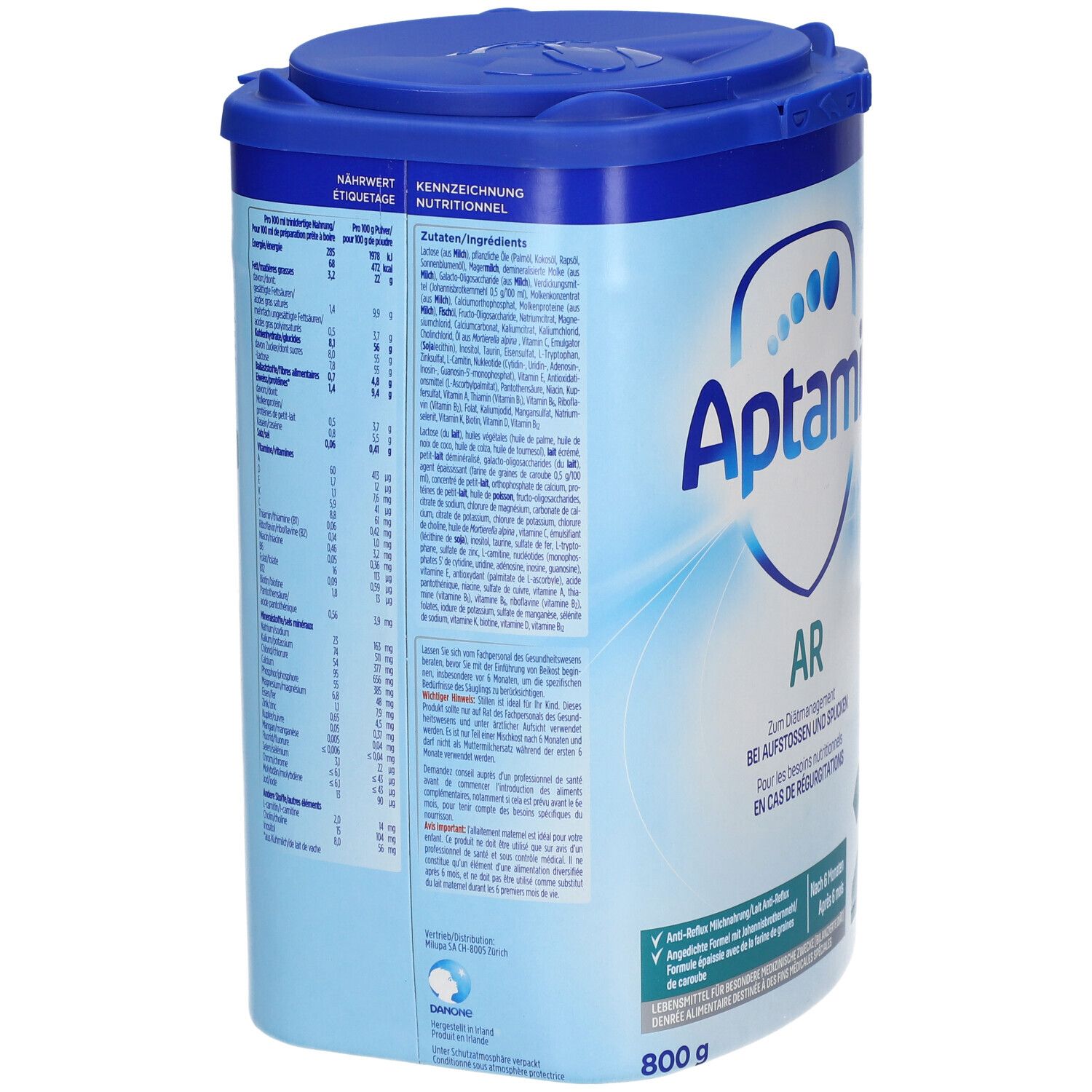 Aptamil AR 2-verpakking, blauw en wit. Voedingswaarde en ingrediënten op de zijkant. 800g. Blauw deksel.