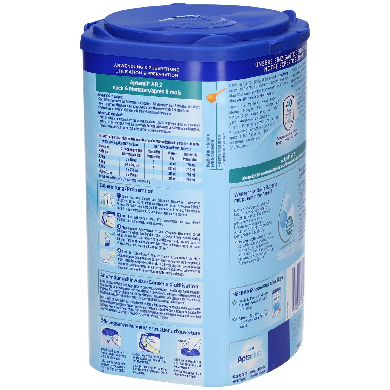 Achterkant van de Aptamil AR 2-verpakking. Gebruiks- en bereidingsinstructies. Openingsinstructies. Blauw deksel.