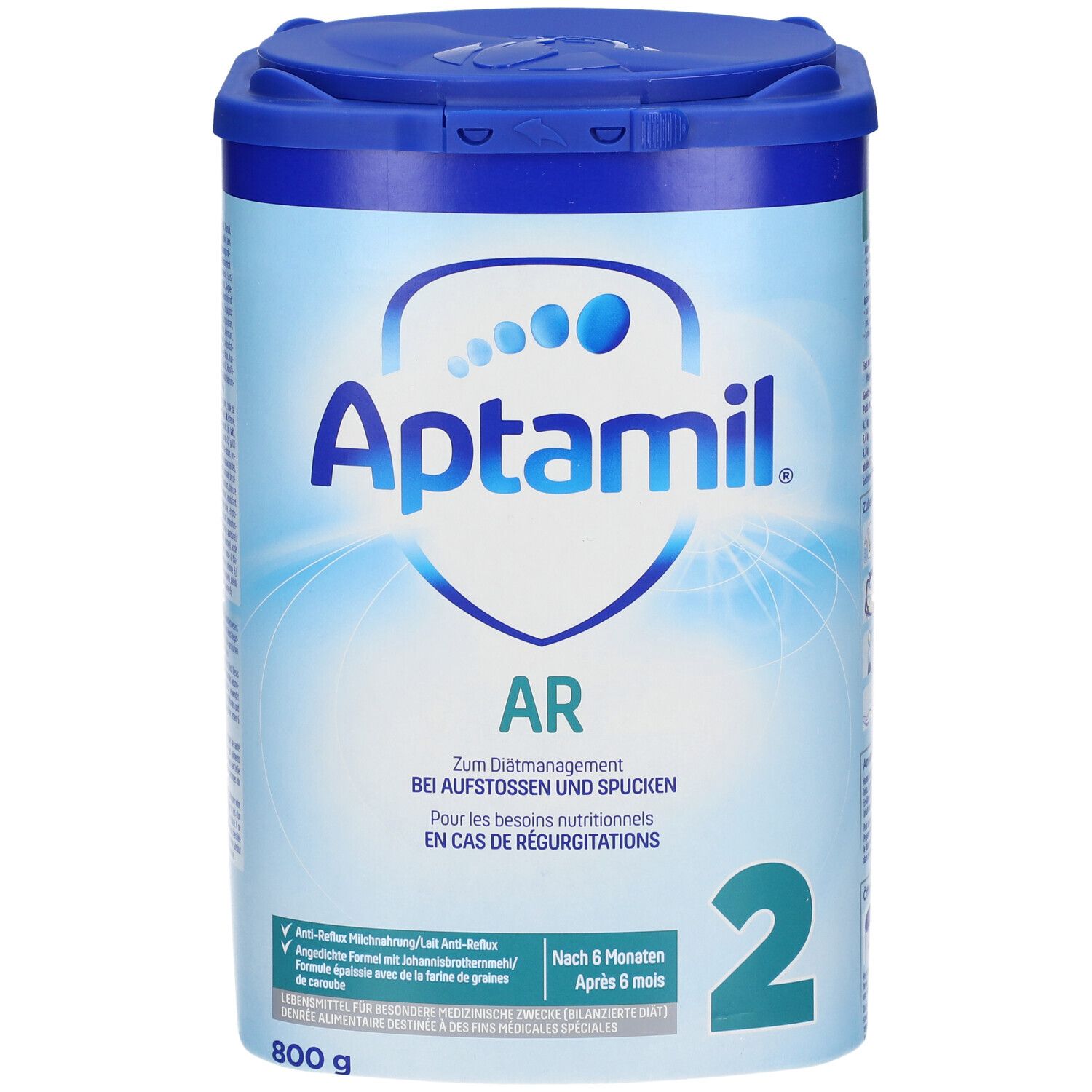 Aptamil AR 2-verpakking. Blauw en wit. Opschrift: Aptamil, AR, 2. Voor dieetbeheer bij regurgitatie. 800g.