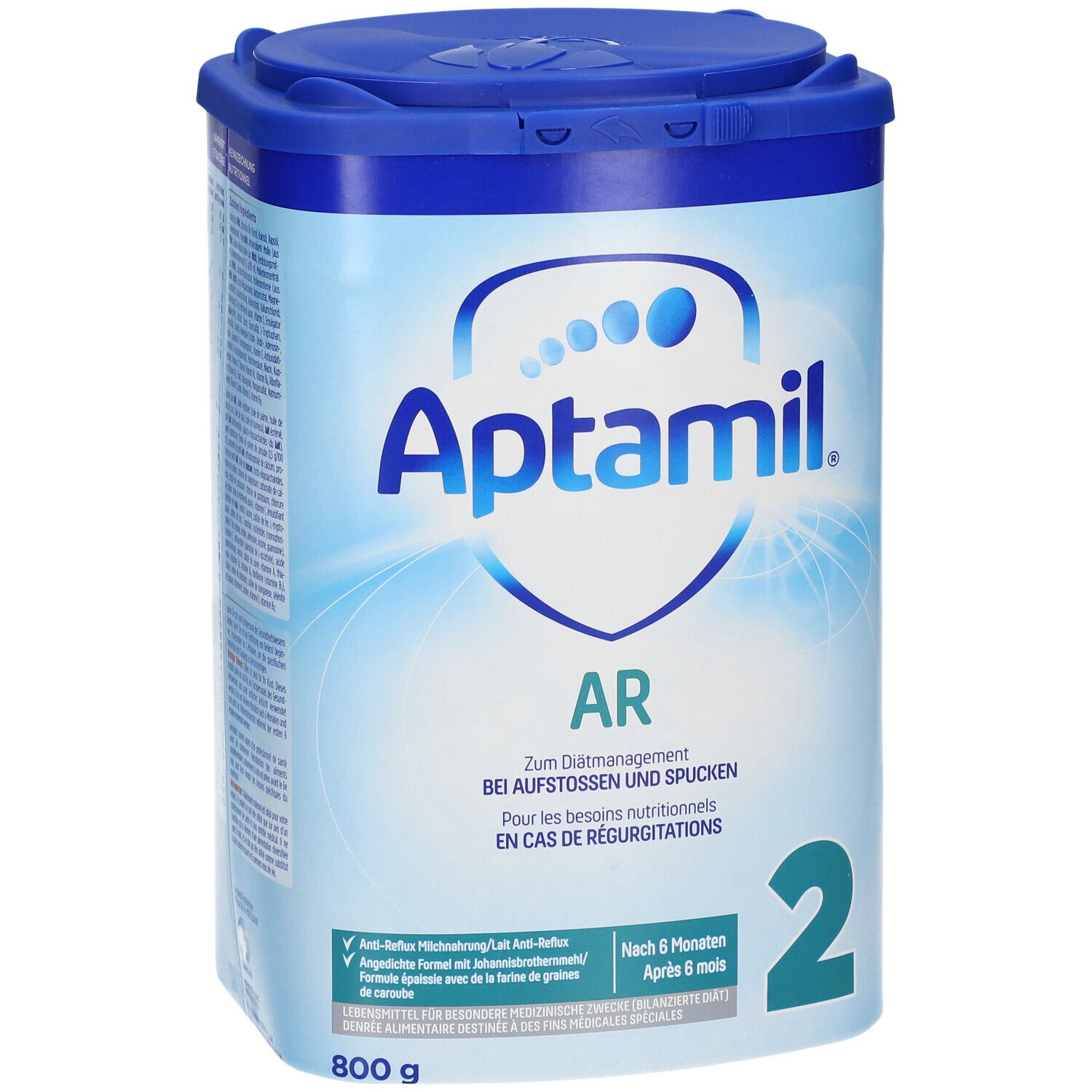 Aptamil AR 2-verpakking. Blauw en wit. Opschrift: Aptamil, AR, 2. Voor dieetbeheer bij regurgitatie. 800g.