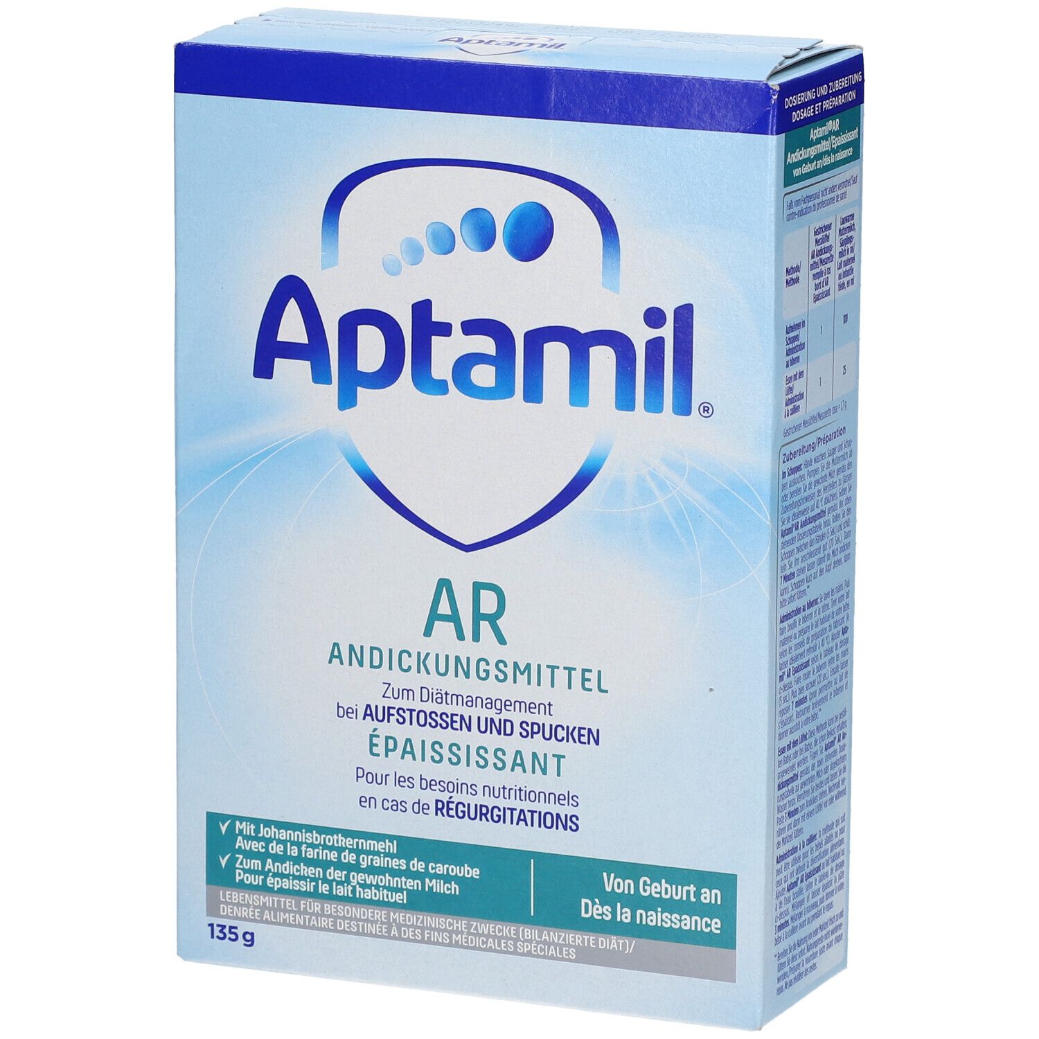 Boîte Aptamil AR Épaississant. Emballage bleu avec nom et texte du produit. 135g. Dès la naissance.