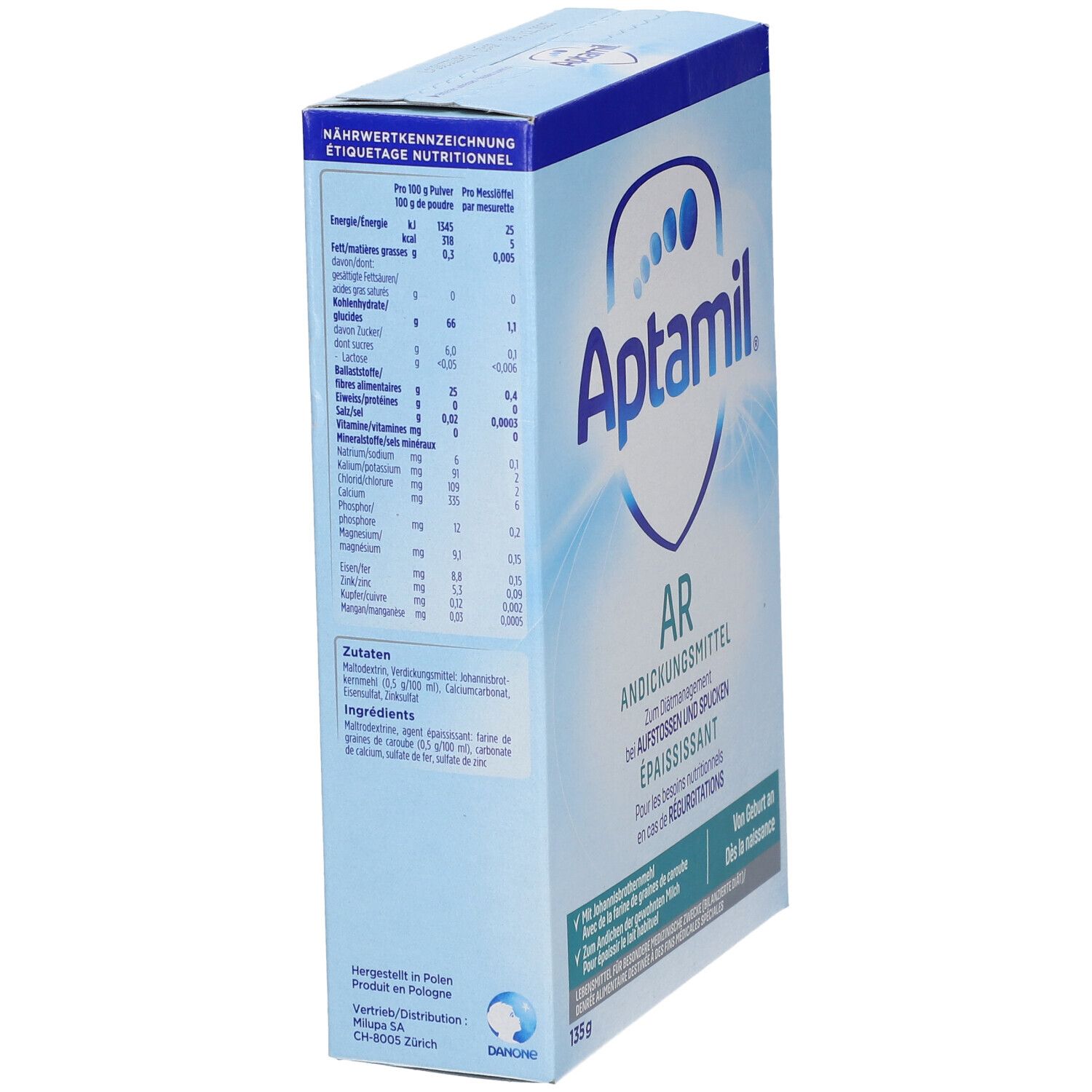 Boîte Aptamil AR, vue latérale. Emballage bleu avec tableau nutritionnel et informations. 135g.