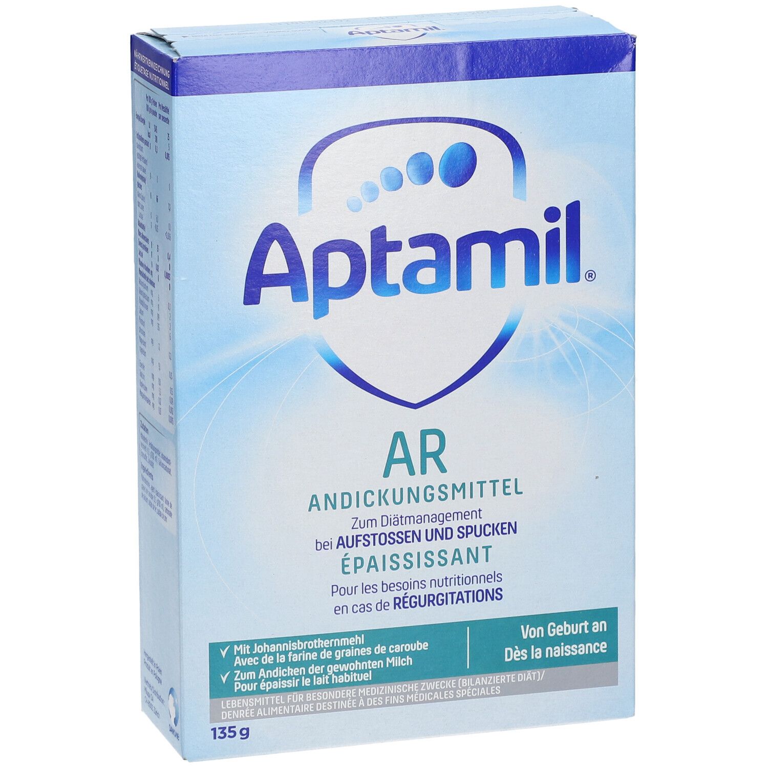 Boîte Aptamil AR Épaississant. Emballage bleu avec nom et texte du produit. 135g. Dès la naissance.