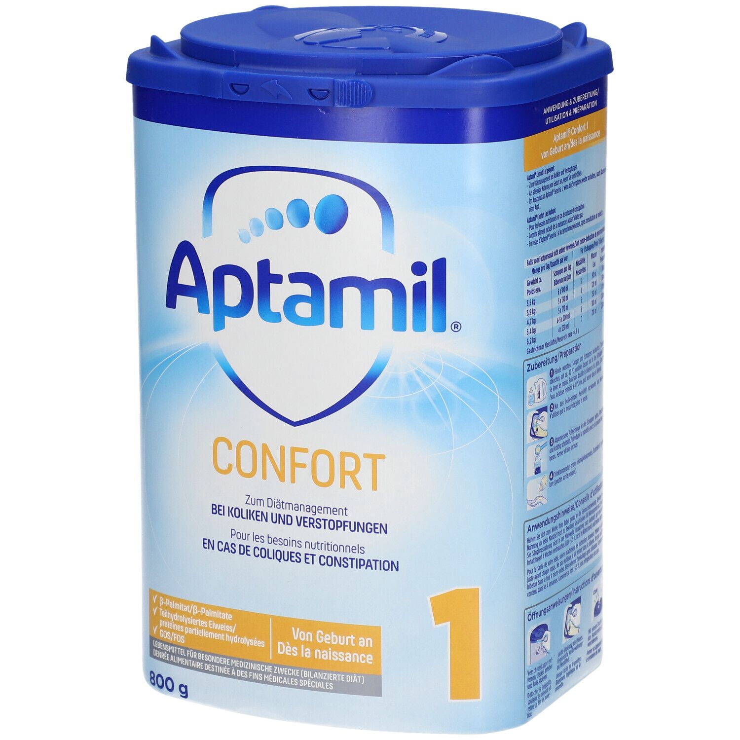 Blauwe Aptamil Confort 1-verpakking met deksel. Opschrift: Confort, 1, 800g. Voor krampjes en constipatie.