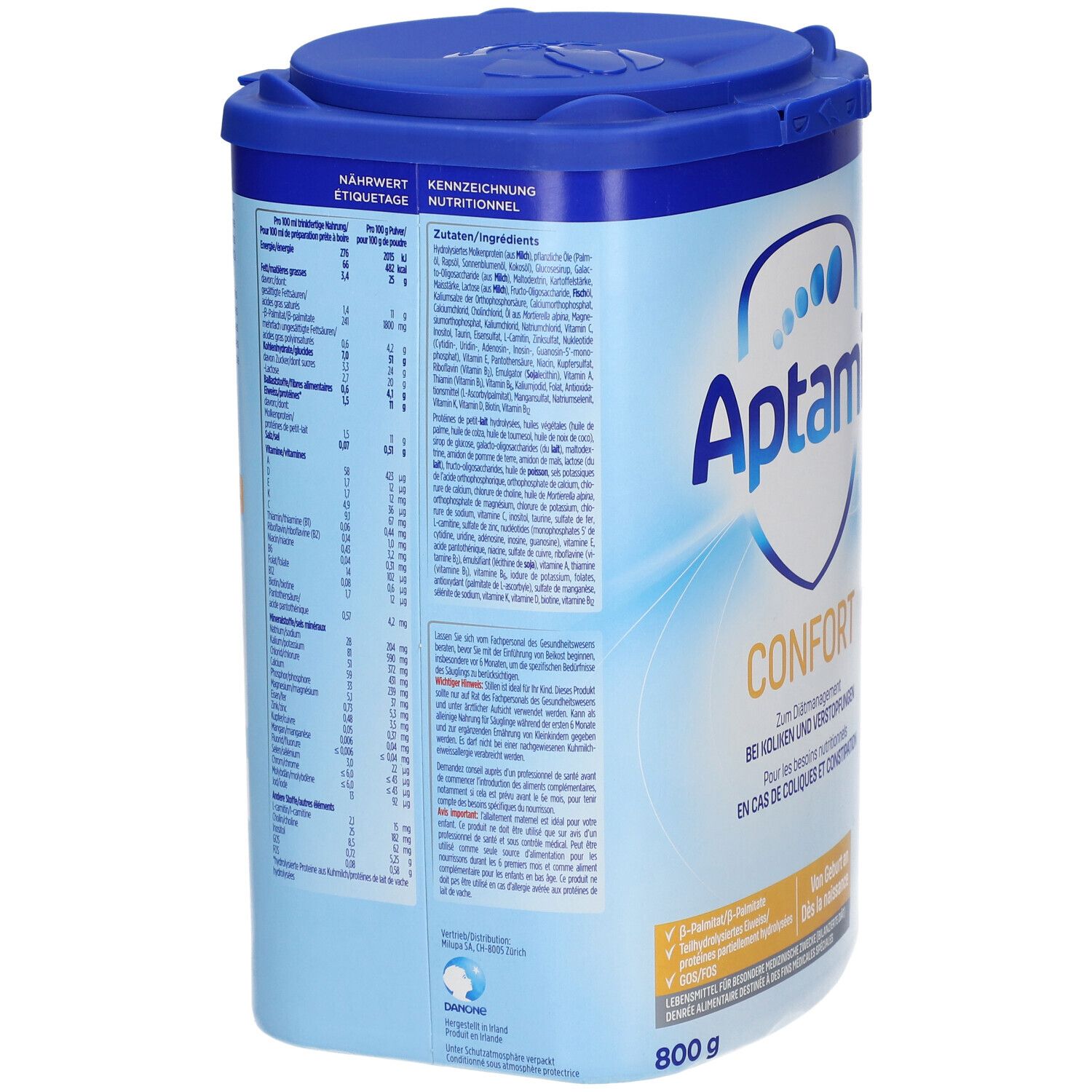 Blauwe Aptamil Confort 1-verpakking met deksel. Voedingswaarde en ingrediëntenlijst op de zijkant. 800g.