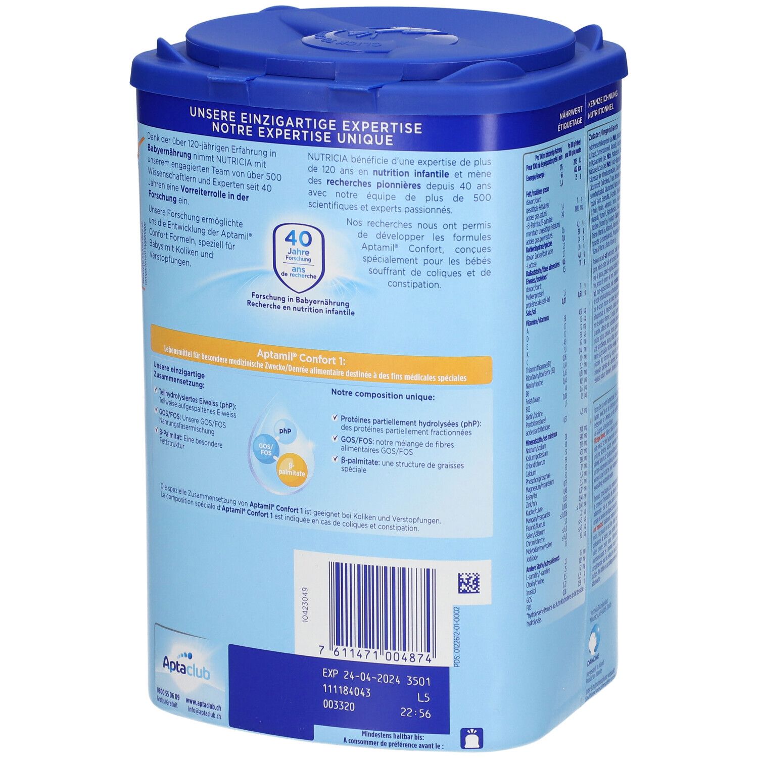 Achterkant van de Aptamil Confort 1-verpakking. Informatie over onderzoek en ingrediënten. Streepjescode en houdbaarheidsdatum.