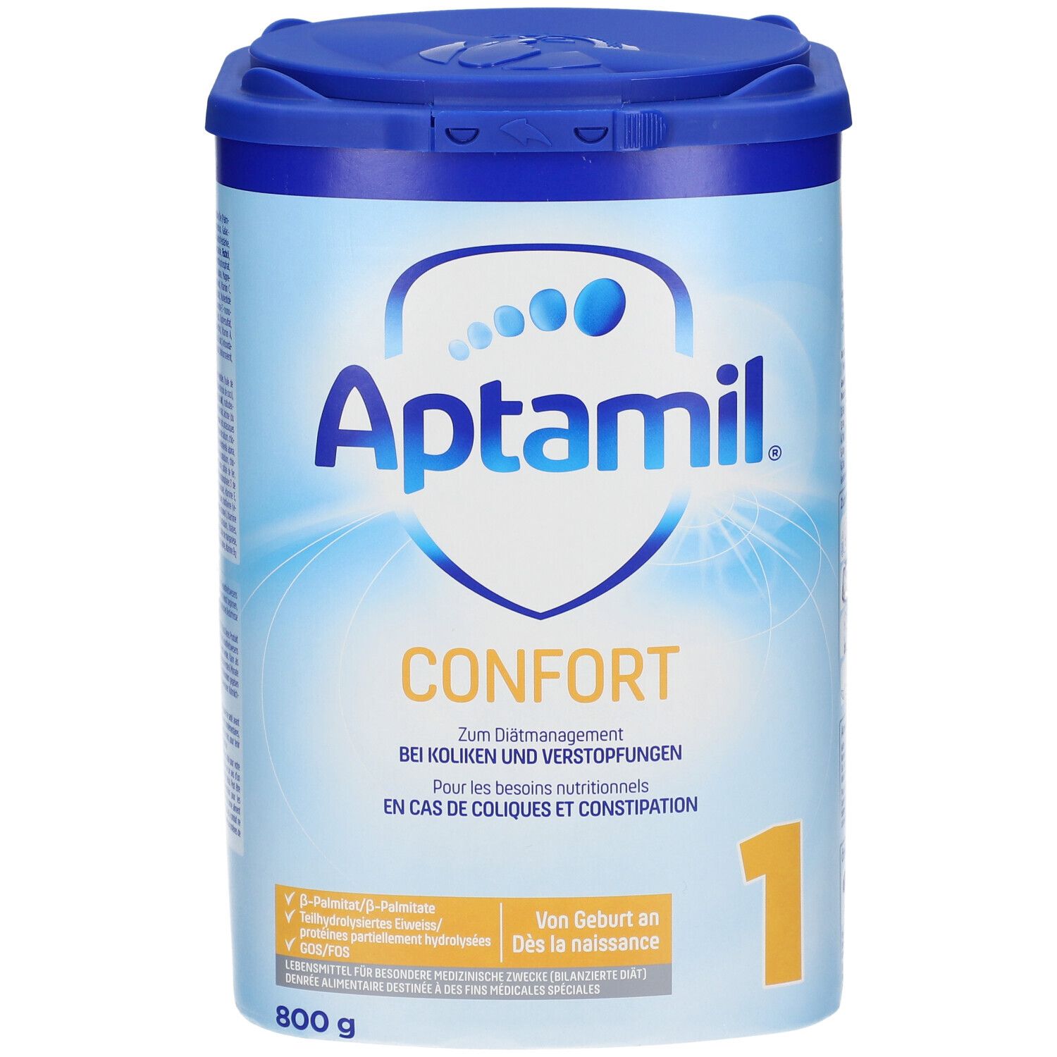 Blauwe Aptamil Confort 1-verpakking met deksel. Opschrift: Confort, 1, 800g. Voor krampjes en constipatie.