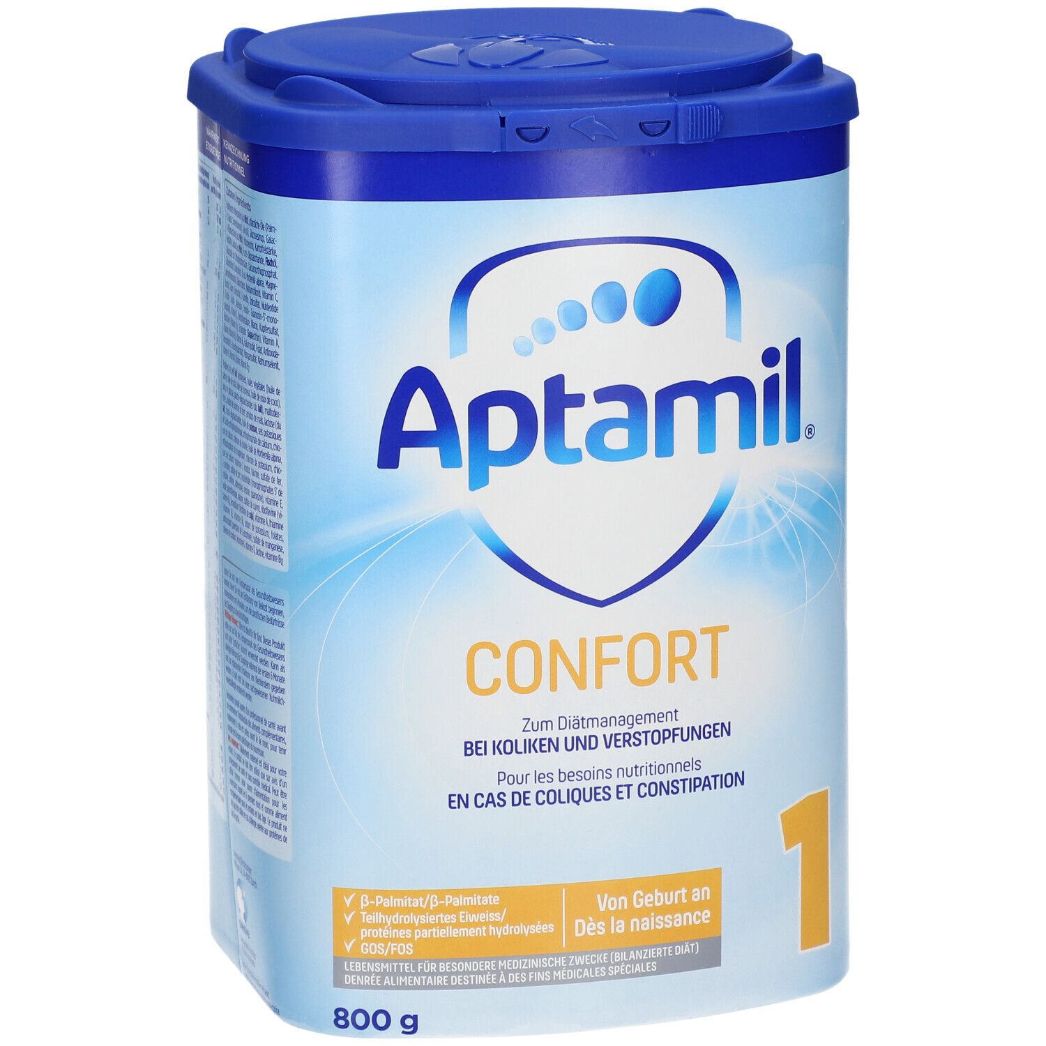 Blauwe Aptamil Confort 1-verpakking met deksel. Opschrift: Confort, 1, 800g. Voor krampjes en constipatie.