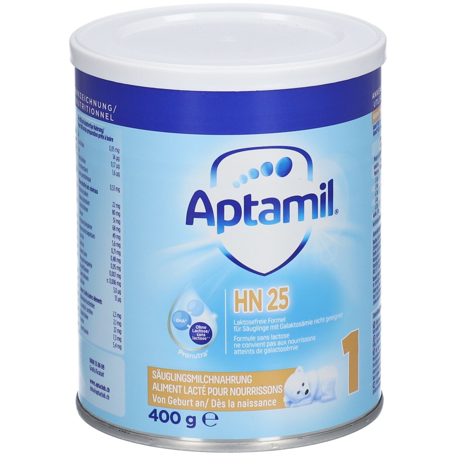 Boîte de lait infantile Aptamil HN 25. Boîte bleue et blanche avec informations et logo du produit.