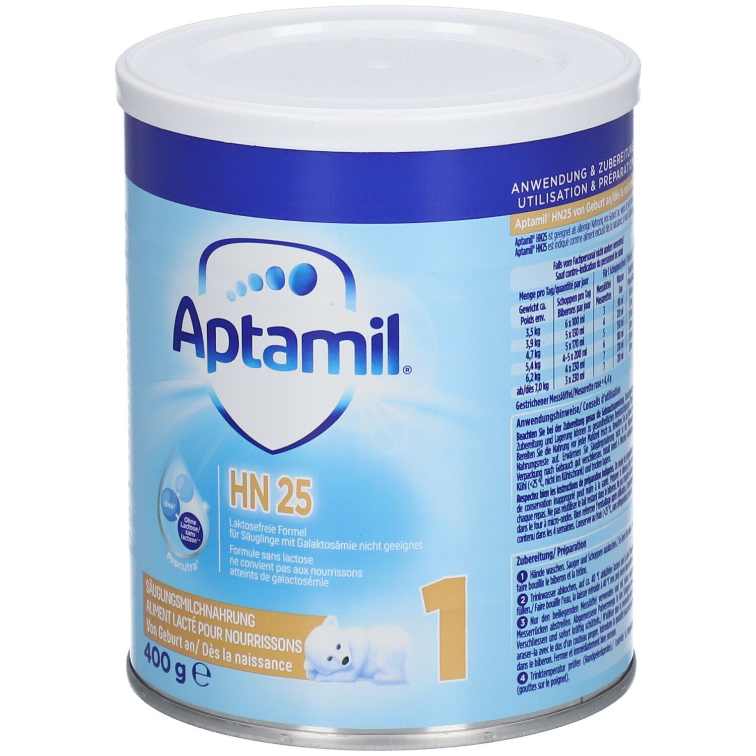 Boîte de lait infantile Aptamil HN 25. Boîte bleue et blanche avec informations et logo du produit.